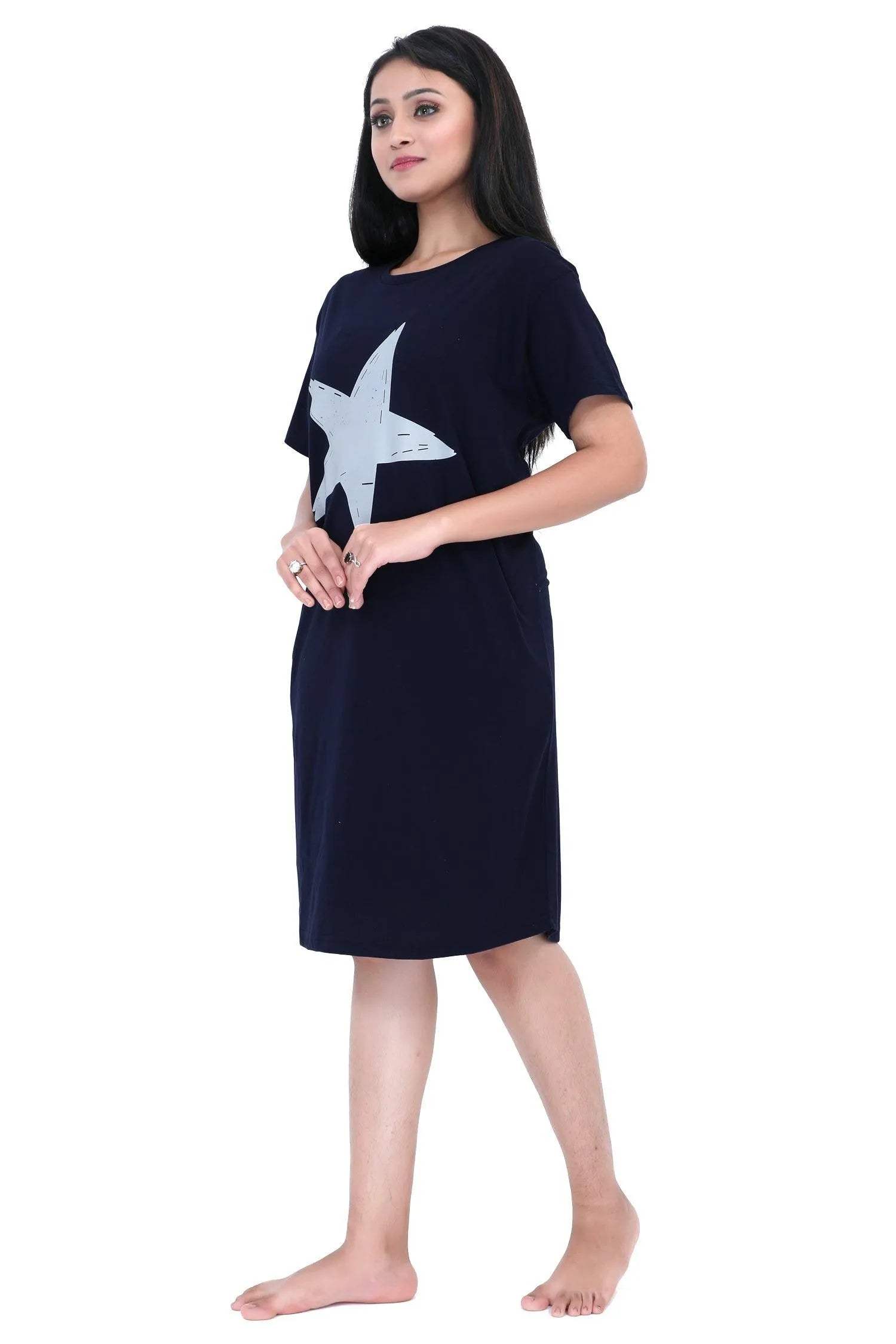 Star Print Short Nighty - Velure - Short Nighty - Cotton, Half Sleeves, Knee Length, Printed, Round neck