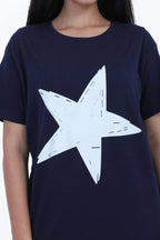 Star Print Short Nighty - Velure - Short Nighty - Cotton, Half Sleeves, Knee Length, Printed, Round neck
