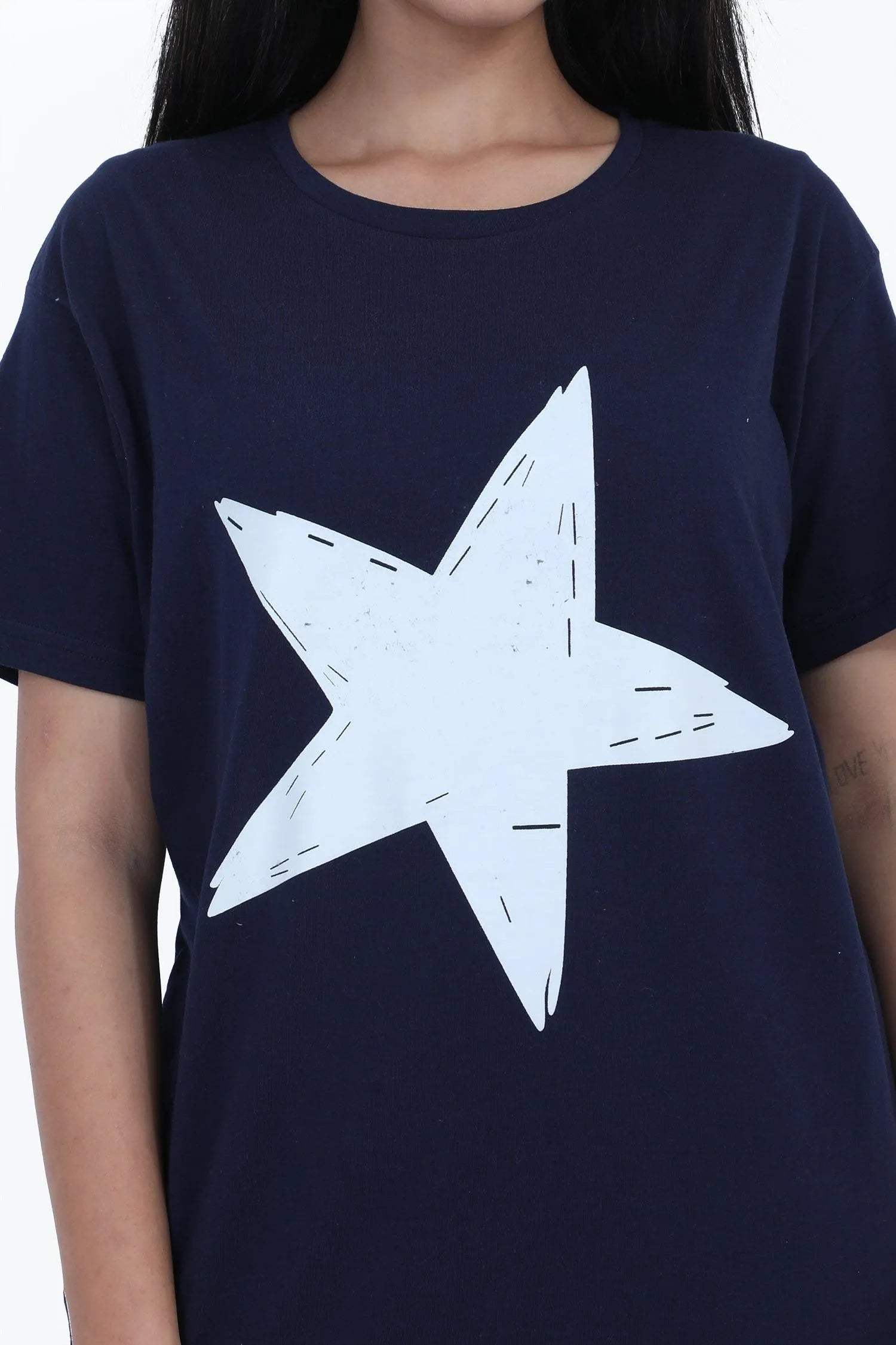Star Print Short Nighty - Velure - Short Nighty - Cotton, Half Sleeves, Knee Length, Printed, Round neck