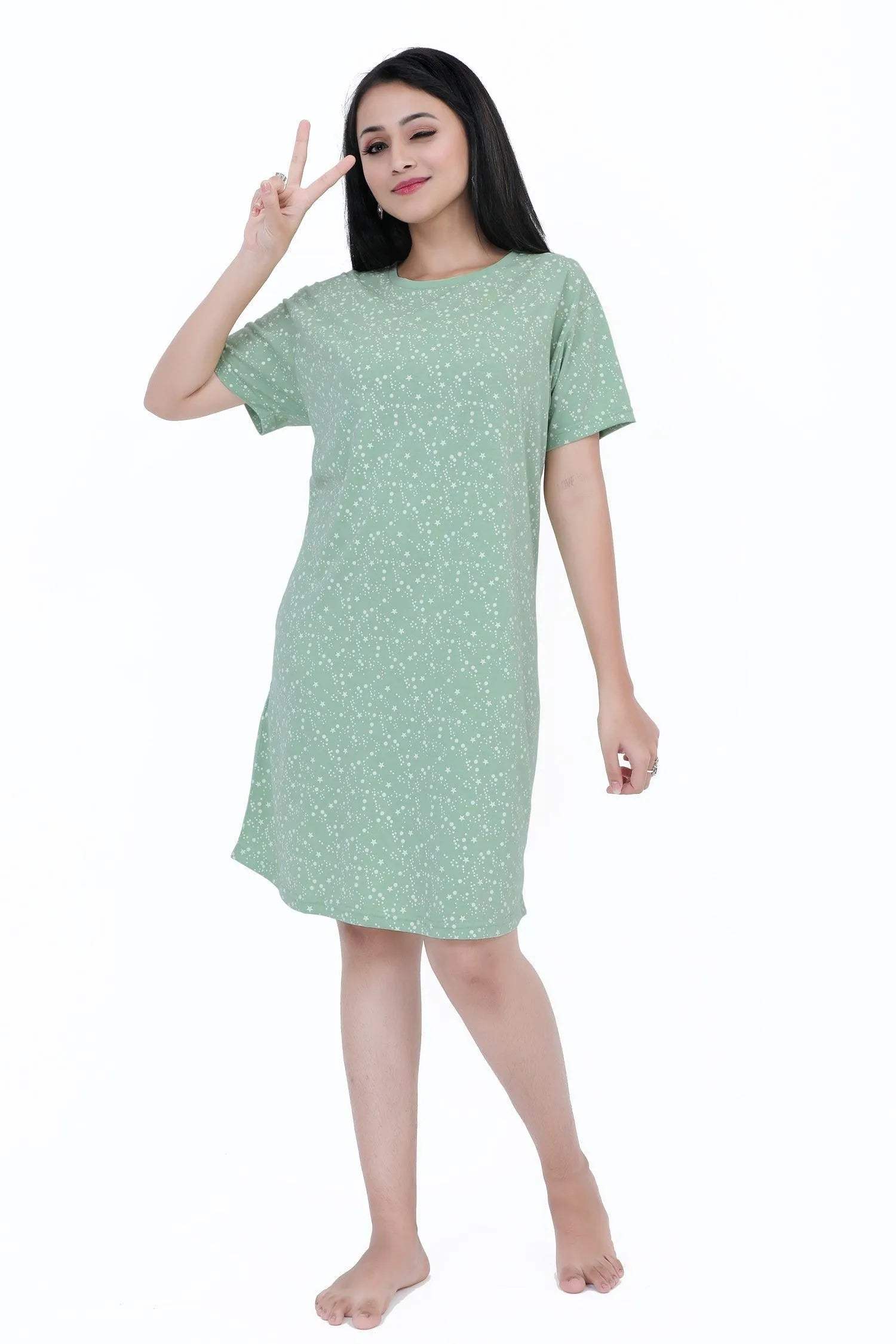 Stars Short Nighty - Velure - Short Nighty - Cotton, Half Sleeves, Knee Length, Printed, Round neck
