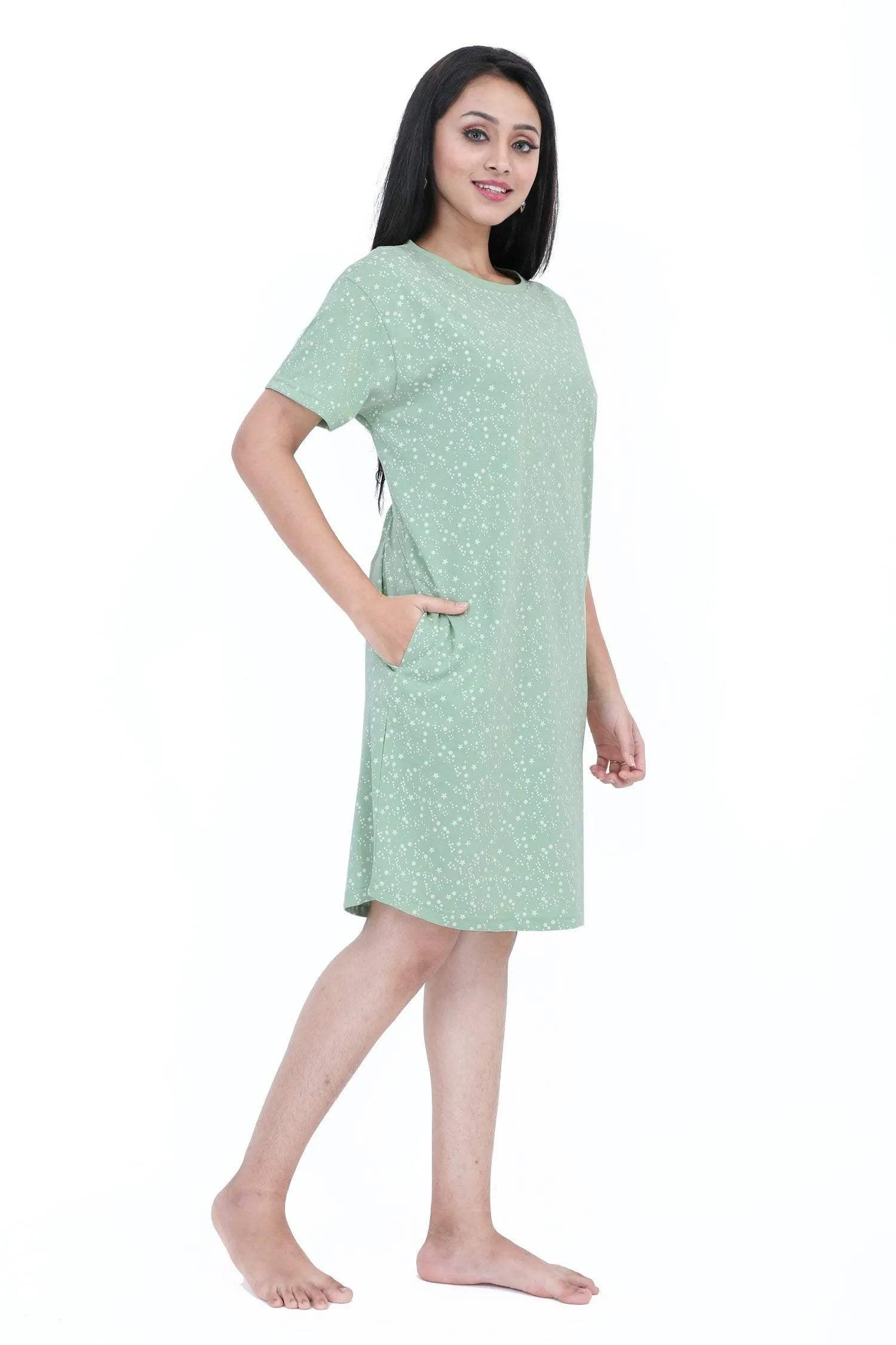 Stars Short Nighty - Velure - Short Nighty - Cotton, Half Sleeves, Knee Length, Printed, Round neck