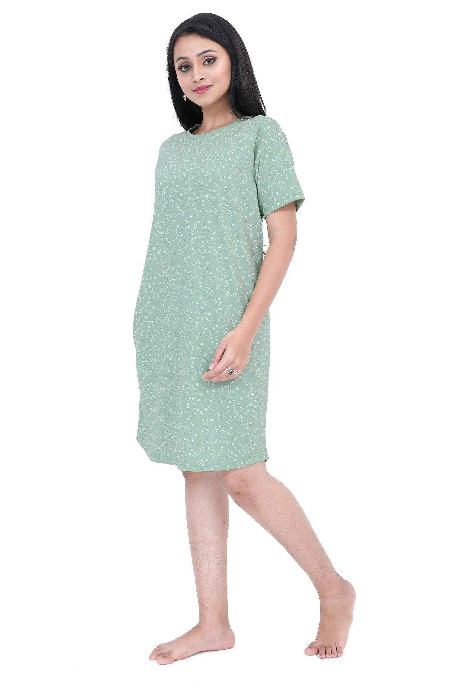 Stars Short Nighty - Velure - Short Nighty - Cotton, Half Sleeves, Knee Length, Printed, Round neck