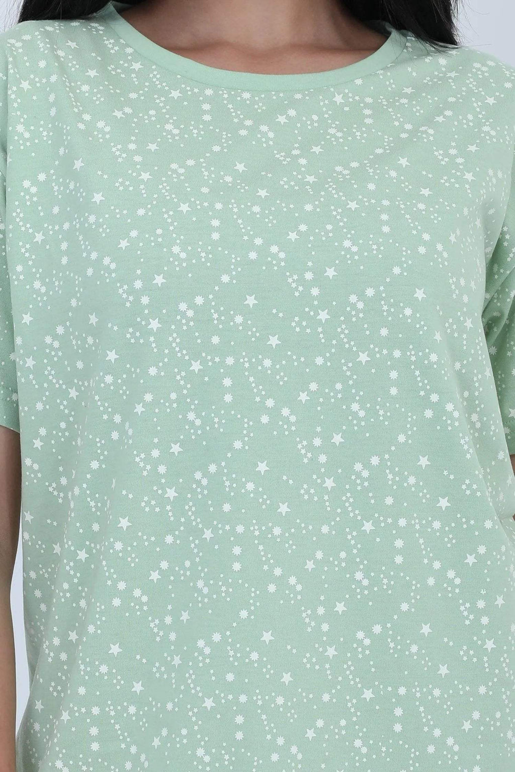 Stars Short Nighty - Velure - Short Nighty - Cotton, Half Sleeves, Knee Length, Printed, Round neck