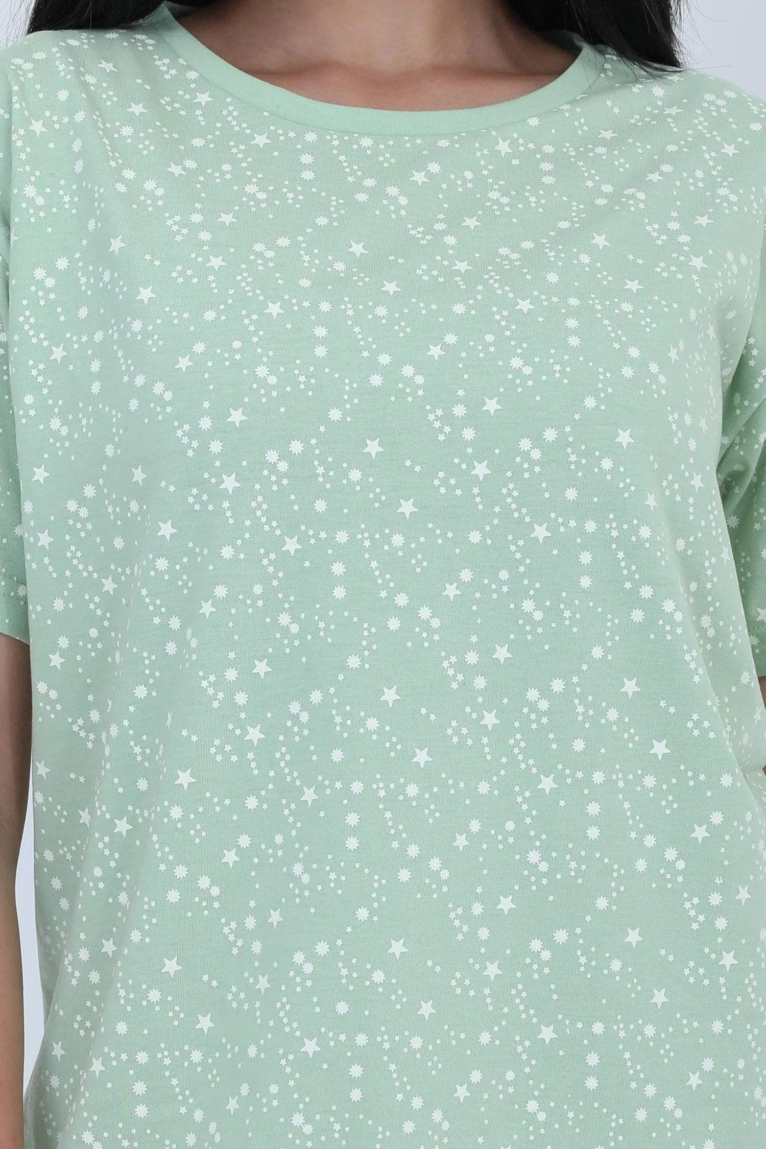 Stars Short Nighty - Velure - Short Nighty - Cotton, Half Sleeves, Knee Length, Printed, Round neck