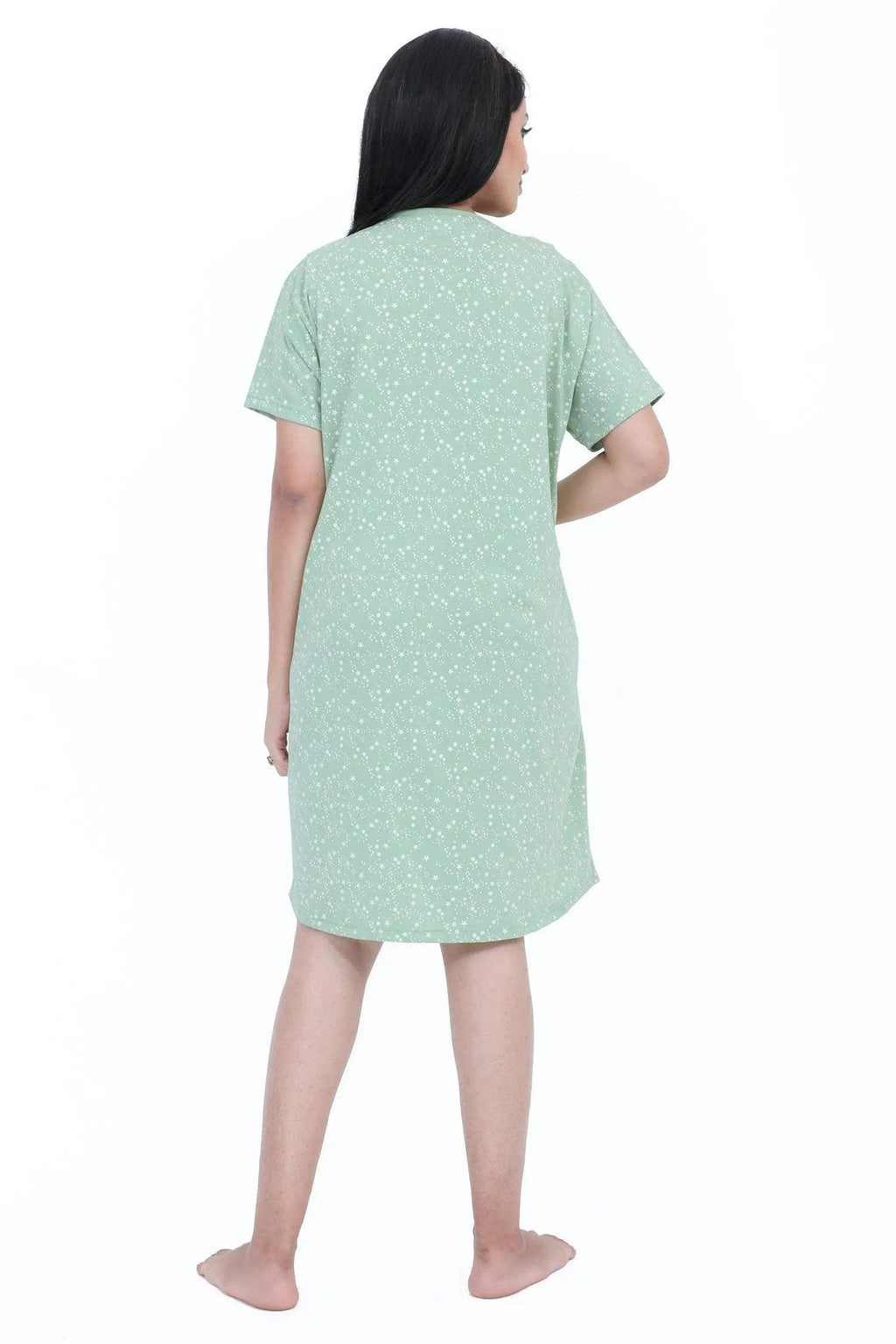 Stars Short Nighty - Velure - Short Nighty - Cotton, Half Sleeves, Knee Length, Printed, Round neck