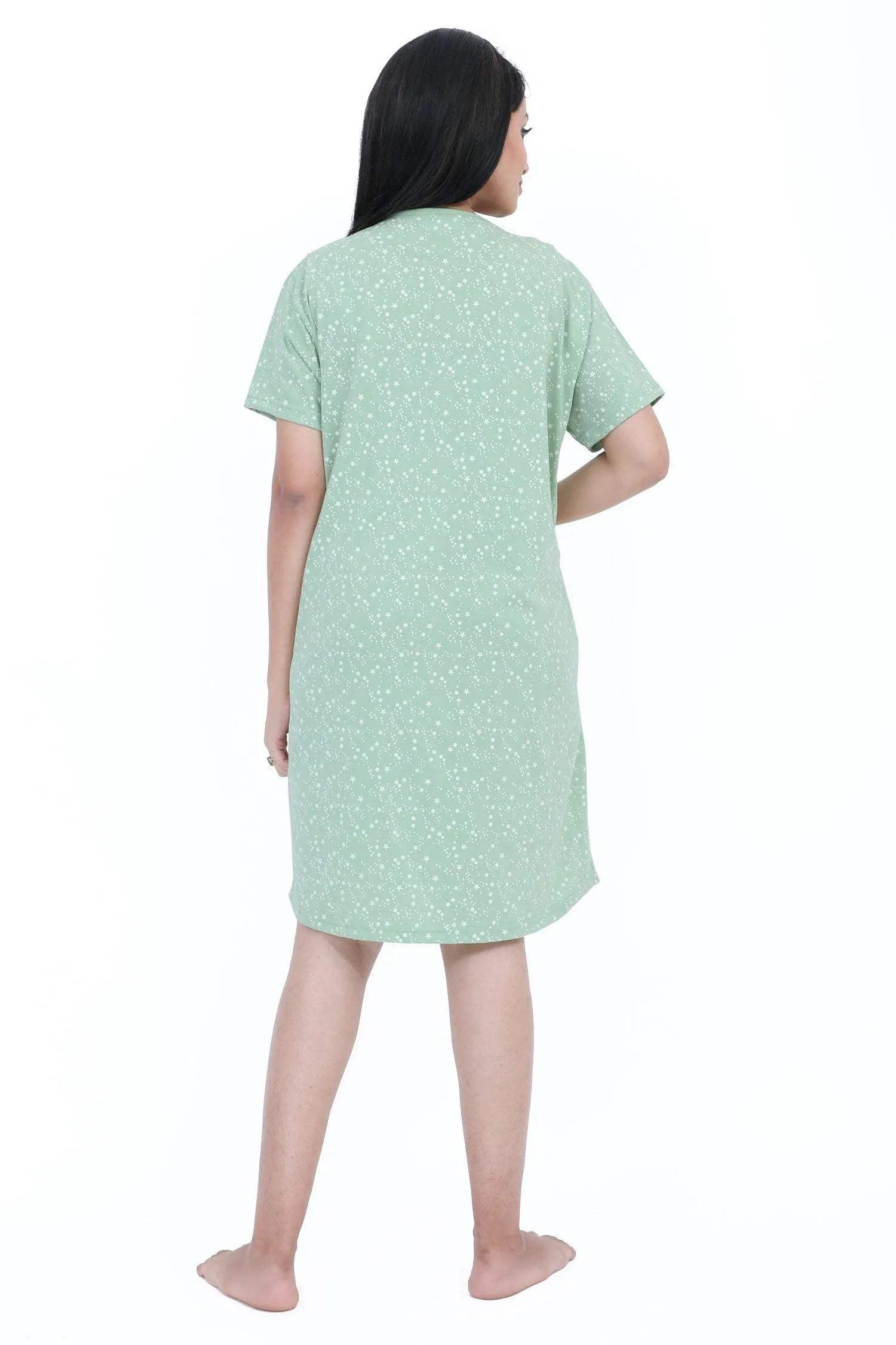 Stars Short Nighty - Velure - Short Nighty - Cotton, Half Sleeves, Knee Length, Printed, Round neck