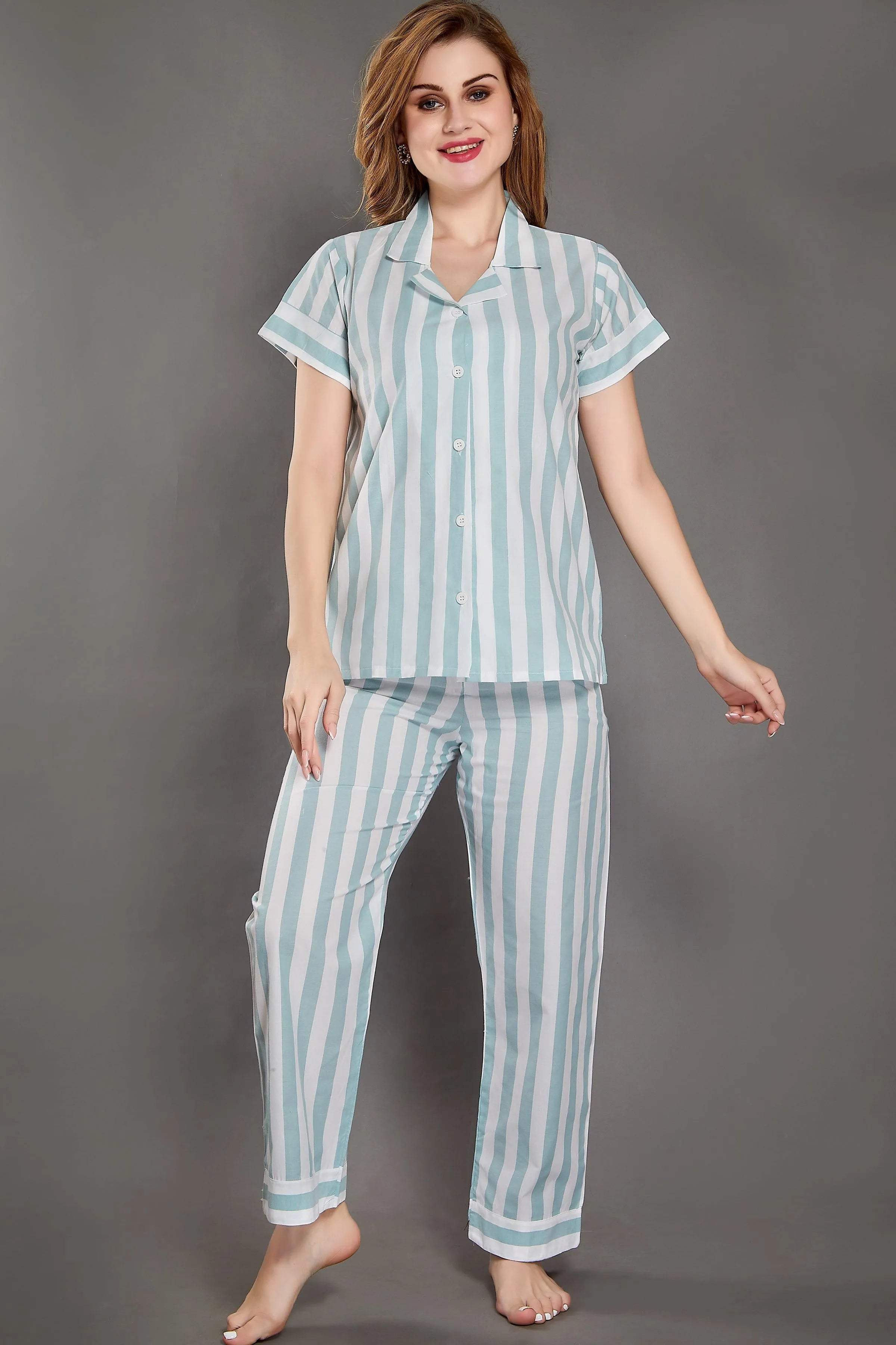 Stripes Cotton Night Suit - Velure - Shirt and Pant - Collar Neck, Cotton, Front Button Open, Full Length Pant, Half Sleeves, Stripes