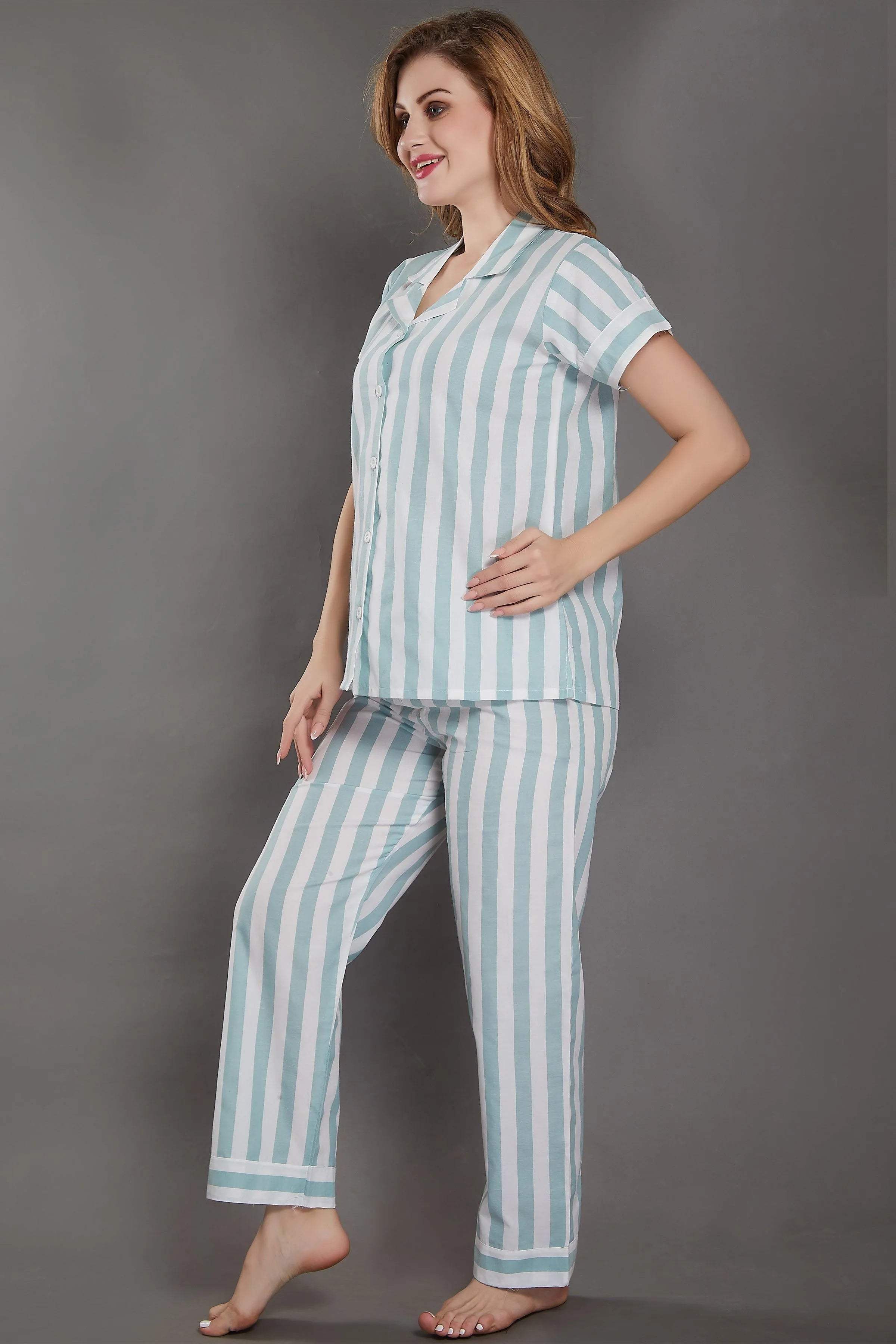 Stripes Cotton Night Suit - Velure - Shirt and Pant - Collar Neck, Cotton, Front Button Open, Full Length Pant, Half Sleeves, Stripes