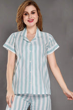Stripes Cotton Night Suit - Velure - Shirt and Pant - Collar Neck, Cotton, Front Button Open, Full Length Pant, Half Sleeves, Stripes