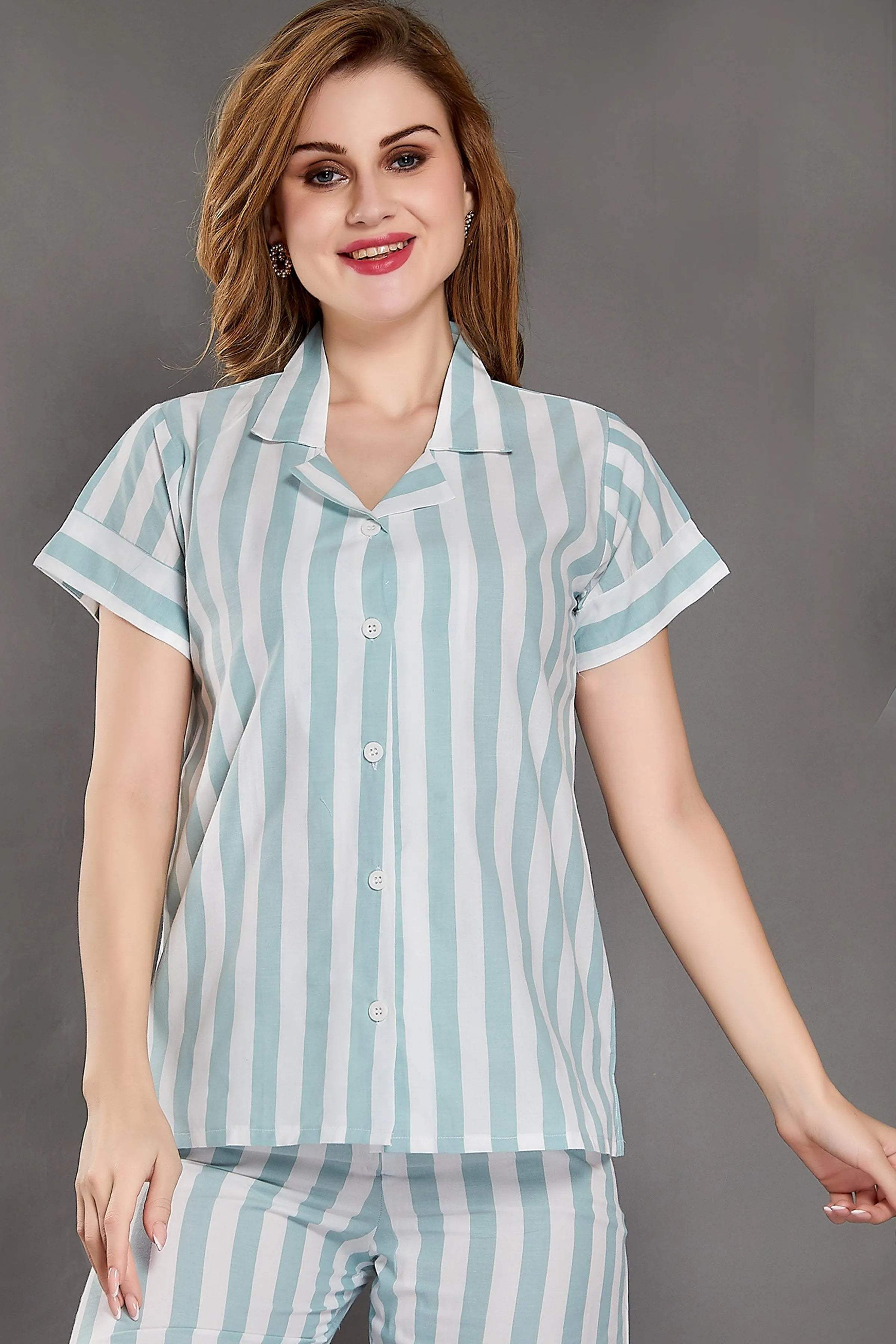 Stripes Cotton Night Suit - Velure - Shirt and Pant - Collar Neck, Cotton, Front Button Open, Full Length Pant, Half Sleeves, Stripes