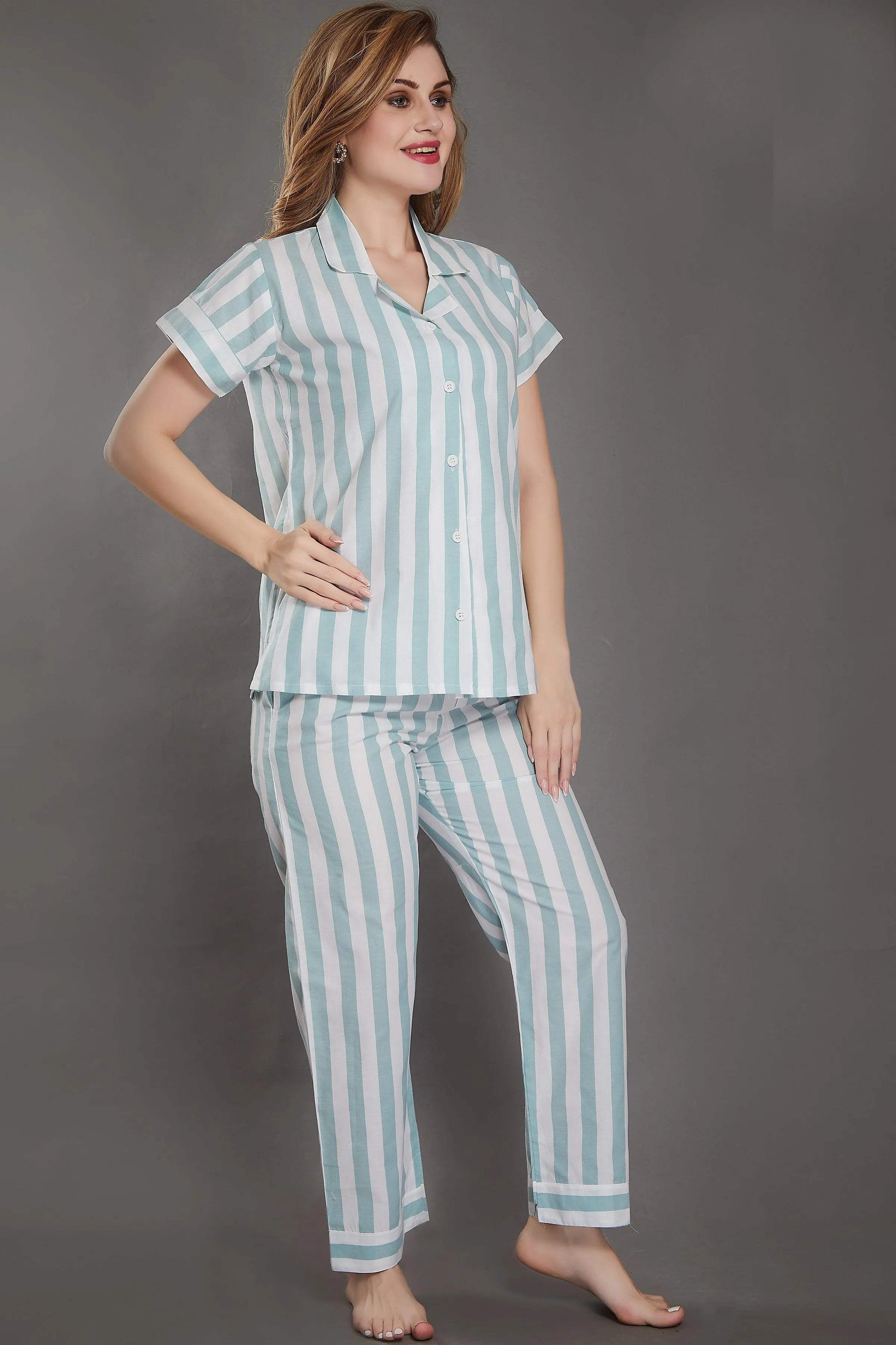 Stripes Cotton Night Suit - Velure - Shirt and Pant - Collar Neck, Cotton, Front Button Open, Full Length Pant, Half Sleeves, Stripes