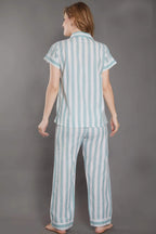 Stripes Cotton Night Suit - Velure - Shirt and Pant - Collar Neck, Cotton, Front Button Open, Full Length Pant, Half Sleeves, Stripes