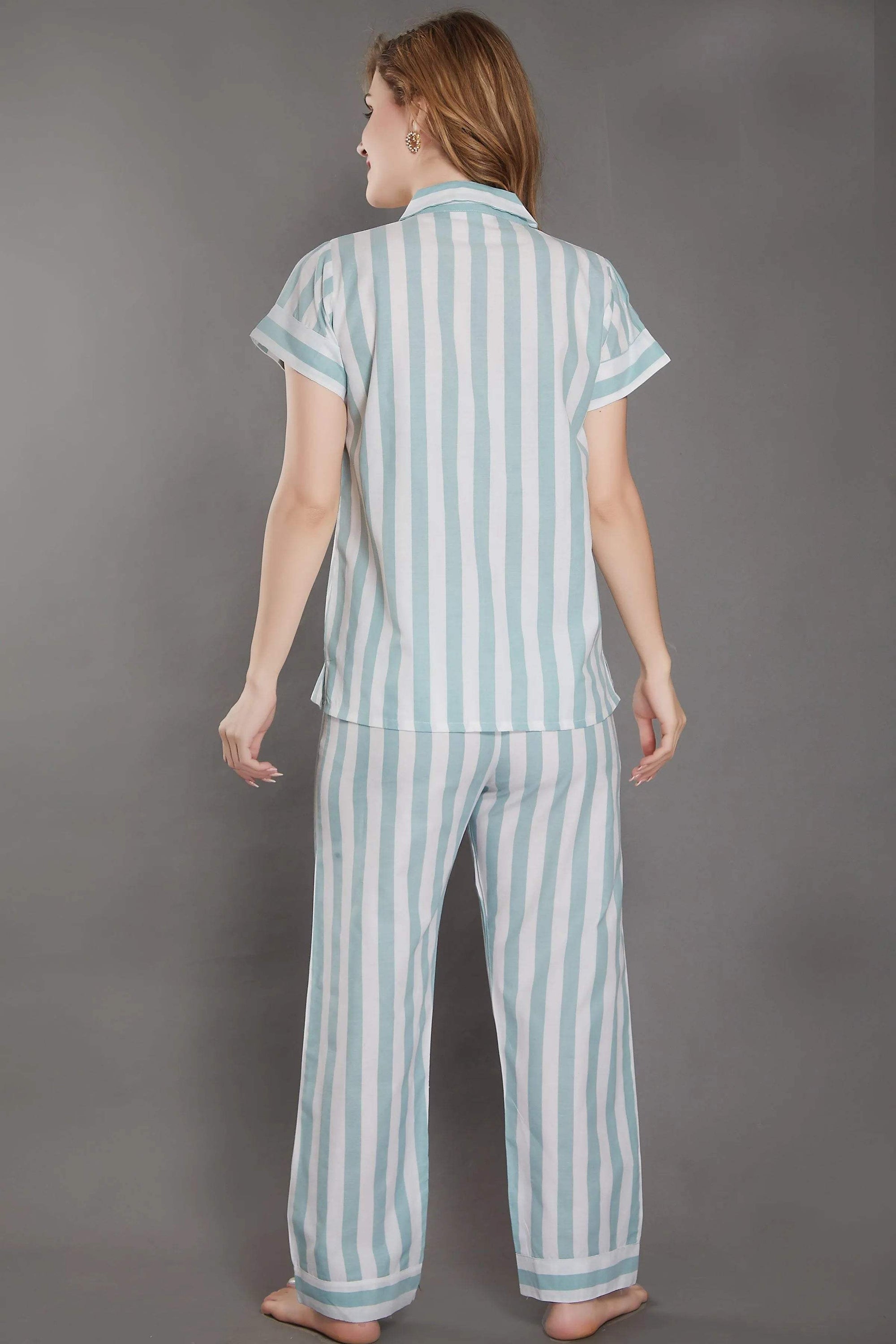 Stripes Cotton Night Suit - Velure - Shirt and Pant - Collar Neck, Cotton, Front Button Open, Full Length Pant, Half Sleeves, Stripes