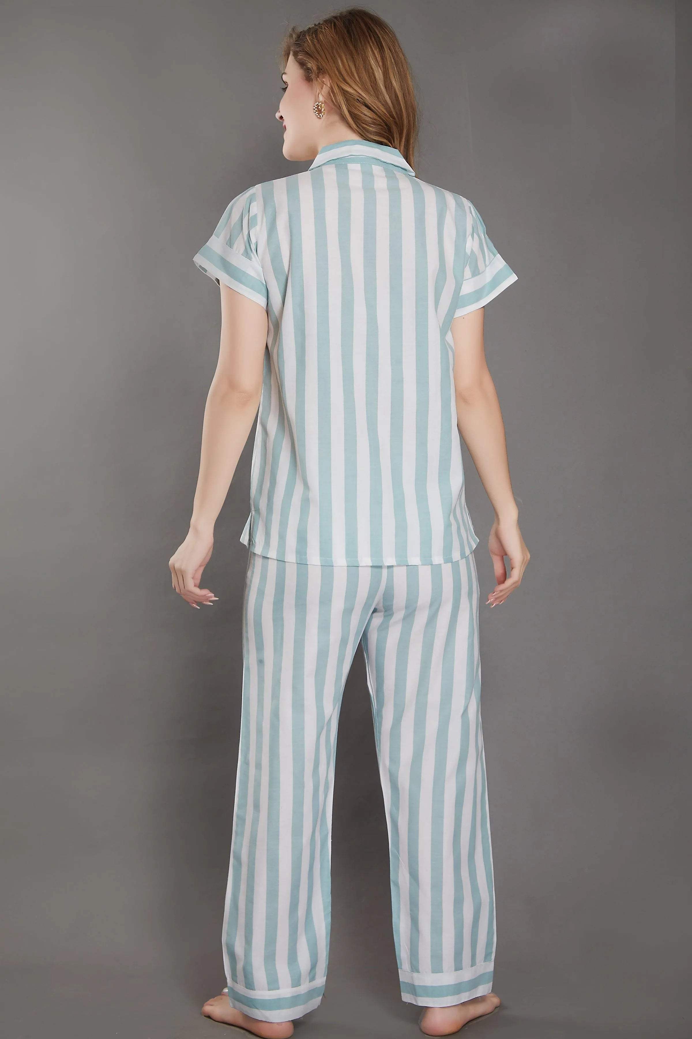 Stripes Cotton Night Suit - Velure - Shirt and Pant - Collar Neck, Cotton, Front Button Open, Full Length Pant, Half Sleeves, Stripes