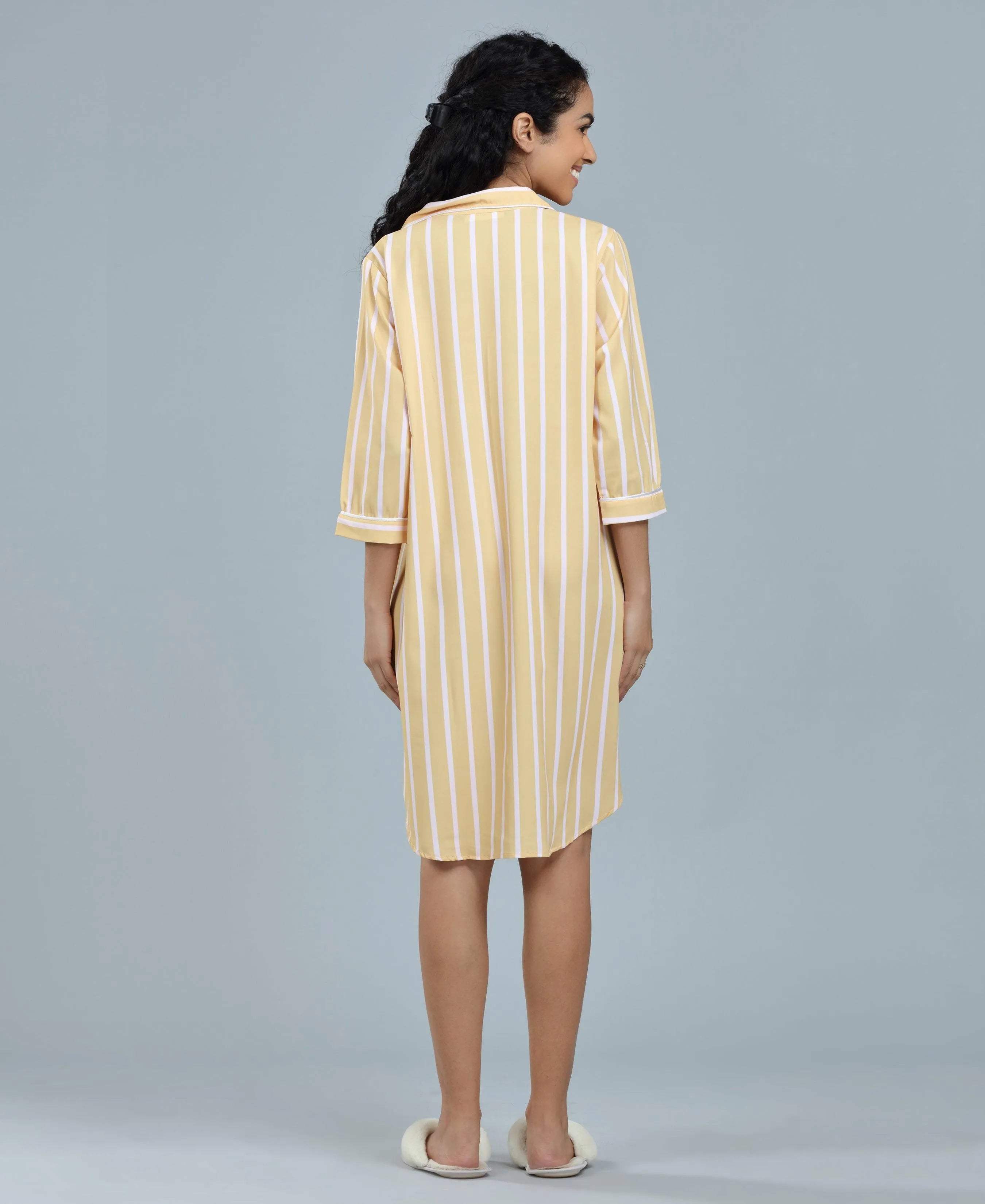 Stripes Night Shirt - Velure - Night Shirt - 3/4 Sleeves, Collar Neck, Front Button Open, Knee Length, Satin, Stripes