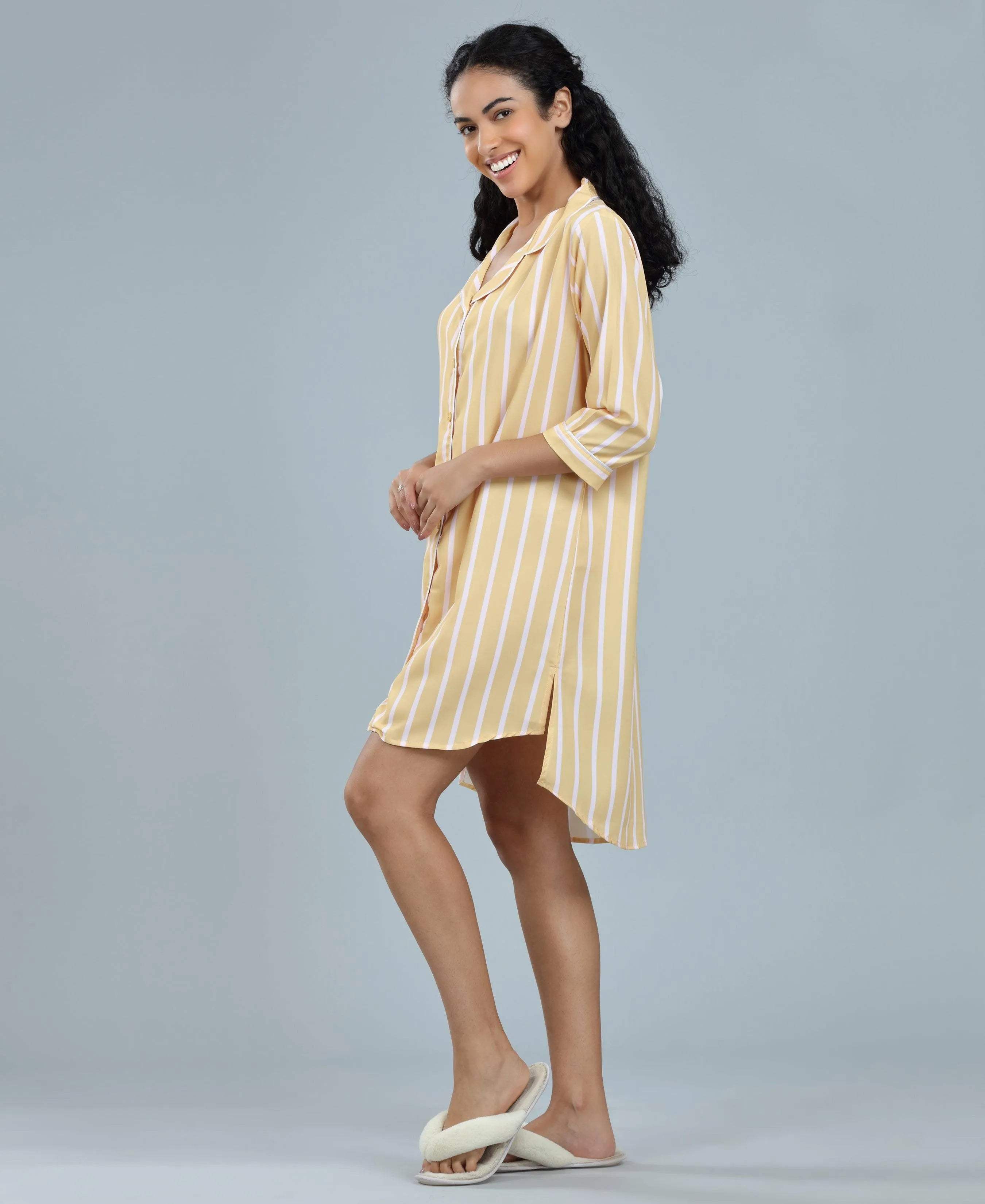 Stripes Night Shirt - Velure - Night Shirt - 3/4 Sleeves, Collar Neck, Front Button Open, Knee Length, Satin, Stripes