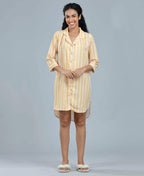 Stripes Night Shirt - Velure - Night Shirt - 3/4 Sleeves, Collar Neck, Front Button Open, Knee Length, Satin, Stripes
