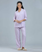 Stripes Night Suit - Velure - Shirt and Pant - 3/4 Sleeves, Collar Neck, Front Button Open, Full Length Pant, Satin, Stripes