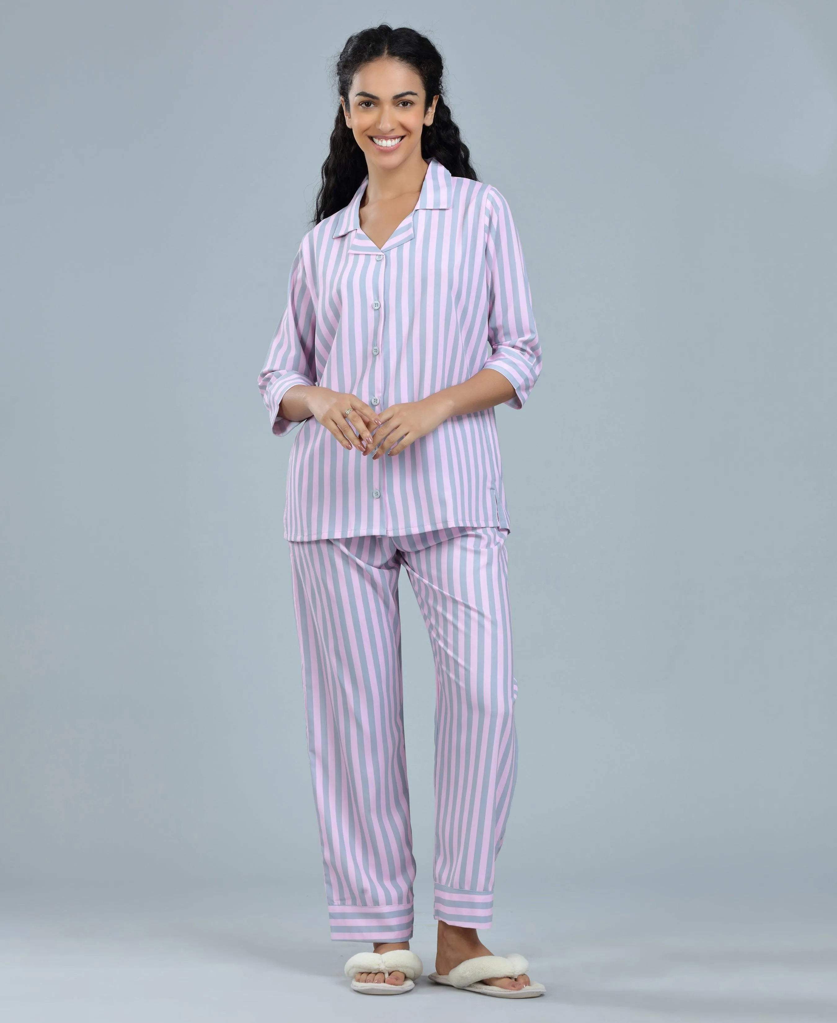 Stripes Night Suit - Velure - Shirt and Pant - 3/4 Sleeves, Collar Neck, Front Button Open, Full Length Pant, Satin, Stripes