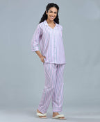 Stripes Night Suit - Velure - Shirt and Pant - 3/4 Sleeves, Collar Neck, Front Button Open, Full Length Pant, Satin, Stripes