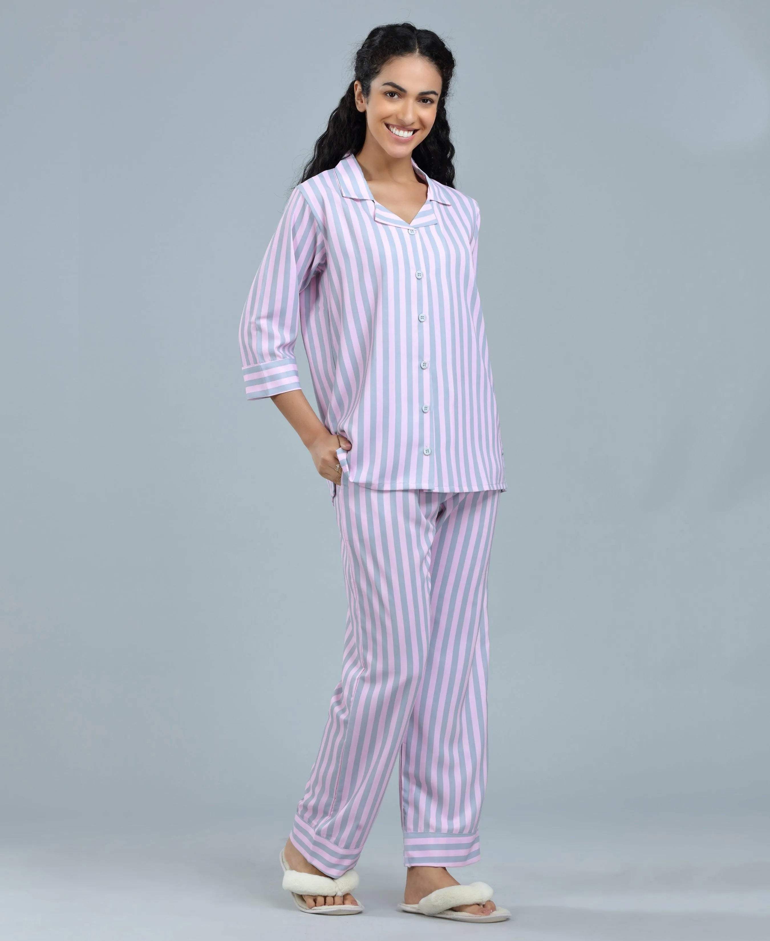 Stripes Night Suit - Velure - Shirt and Pant - 3/4 Sleeves, Collar Neck, Front Button Open, Full Length Pant, Satin, Stripes