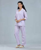 Stripes Night Suit - Velure - Shirt and Pant - 3/4 Sleeves, Collar Neck, Front Button Open, Full Length Pant, Satin, Stripes