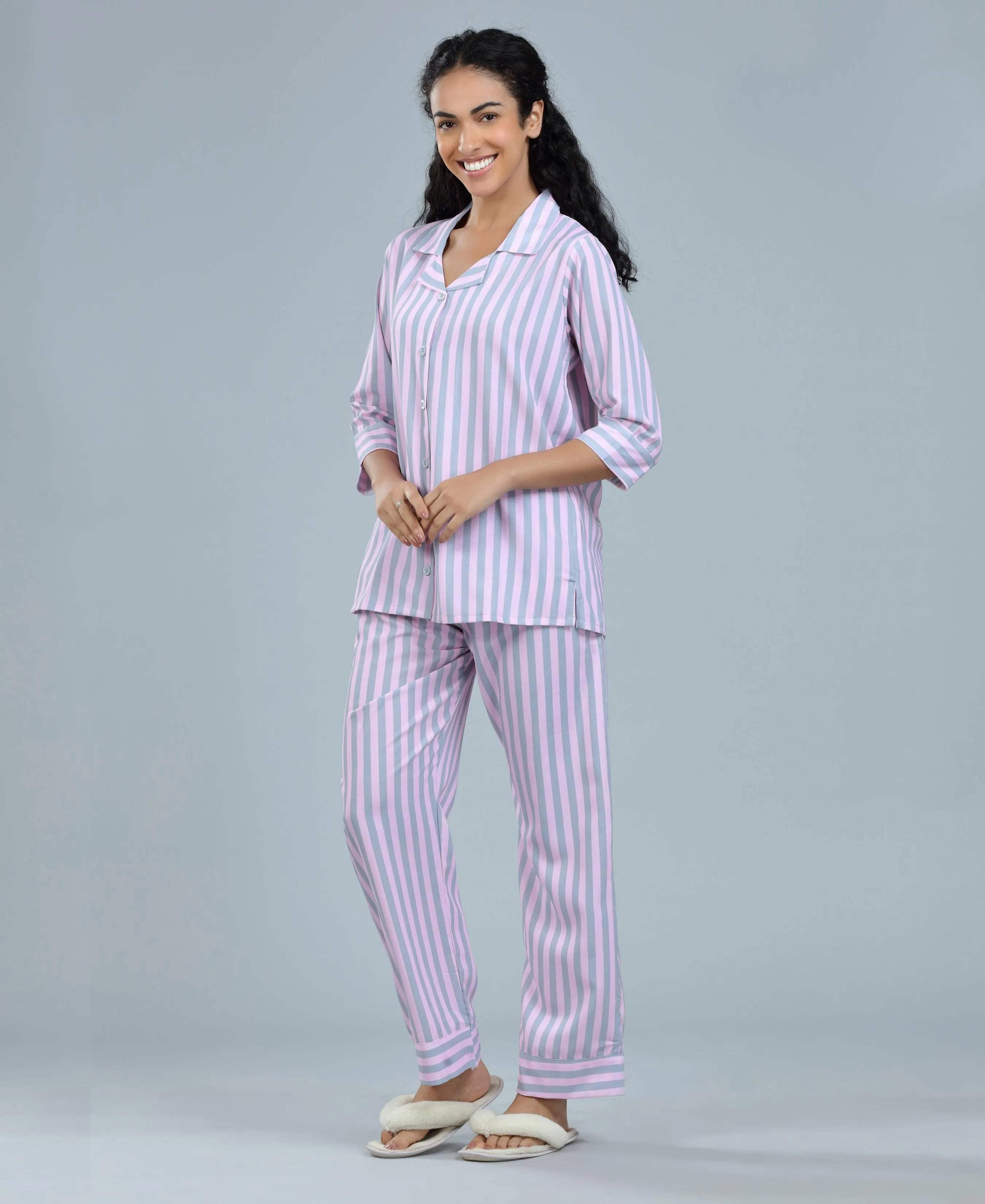 Stripes Night Suit - Velure - Shirt and Pant - 3/4 Sleeves, Collar Neck, Front Button Open, Full Length Pant, Satin, Stripes