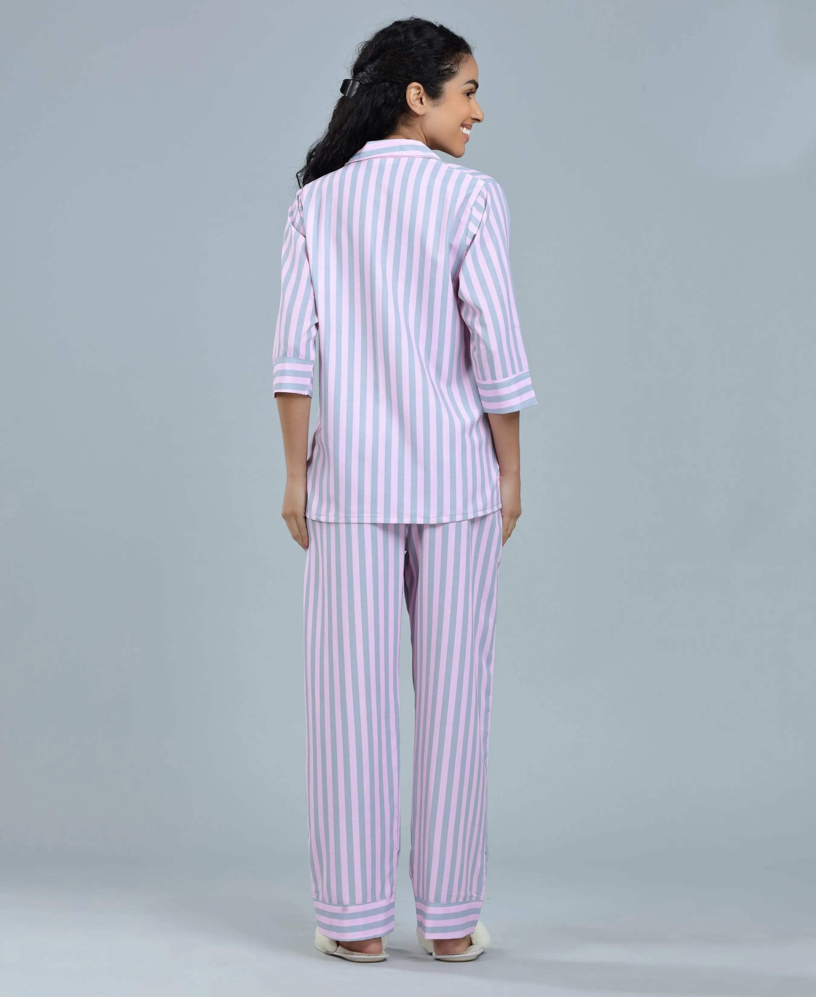 Stripes Night Suit - Velure - Shirt and Pant - 3/4 Sleeves, Collar Neck, Front Button Open, Full Length Pant, Satin, Stripes