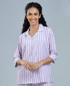 Stripes Night Suit - Velure - Shirt and Pant - 3/4 Sleeves, Collar Neck, Front Button Open, Full Length Pant, Satin, Stripes