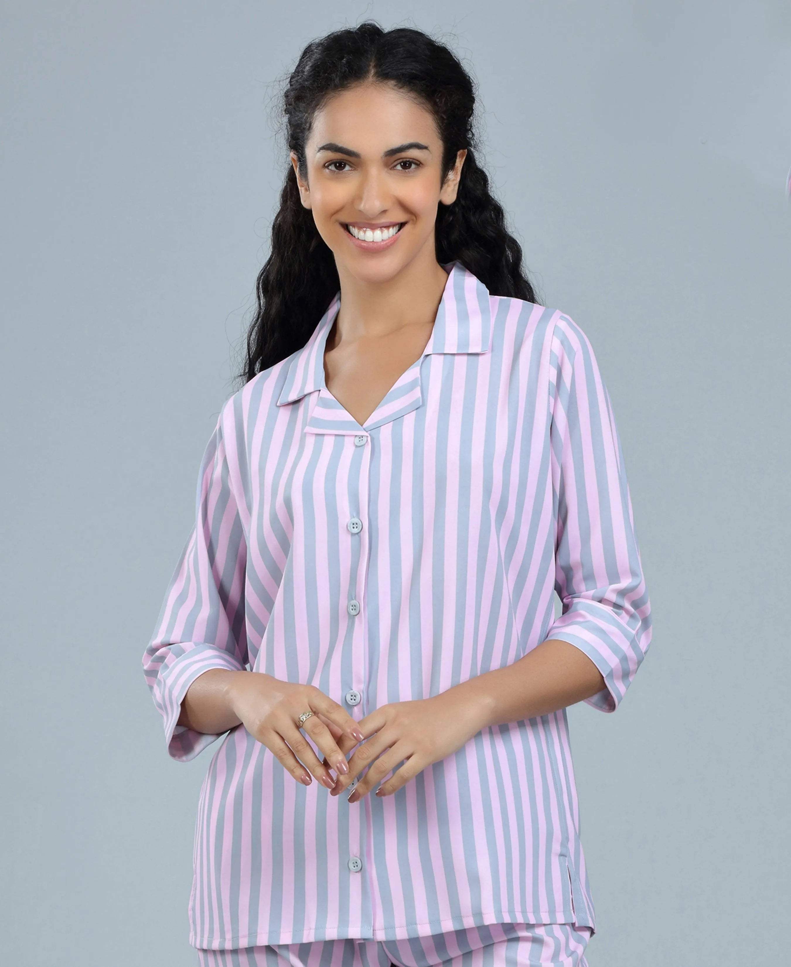 Stripes Night Suit - Velure - Shirt and Pant - 3/4 Sleeves, Collar Neck, Front Button Open, Full Length Pant, Satin, Stripes