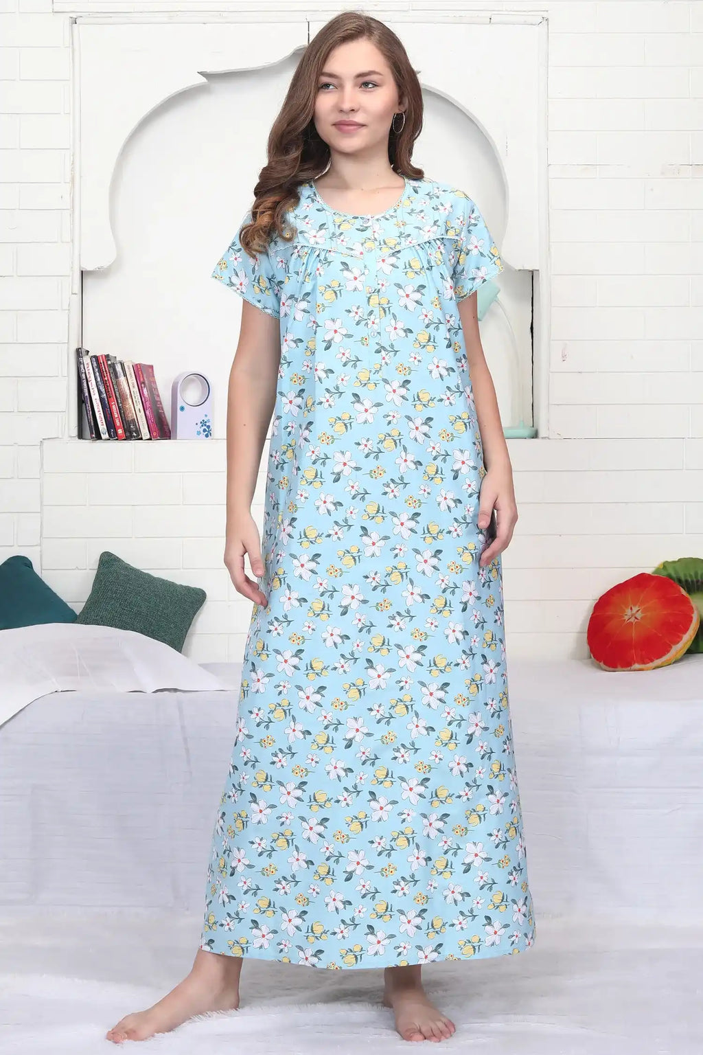 Velure Blue Floral Print Cotton Nighty