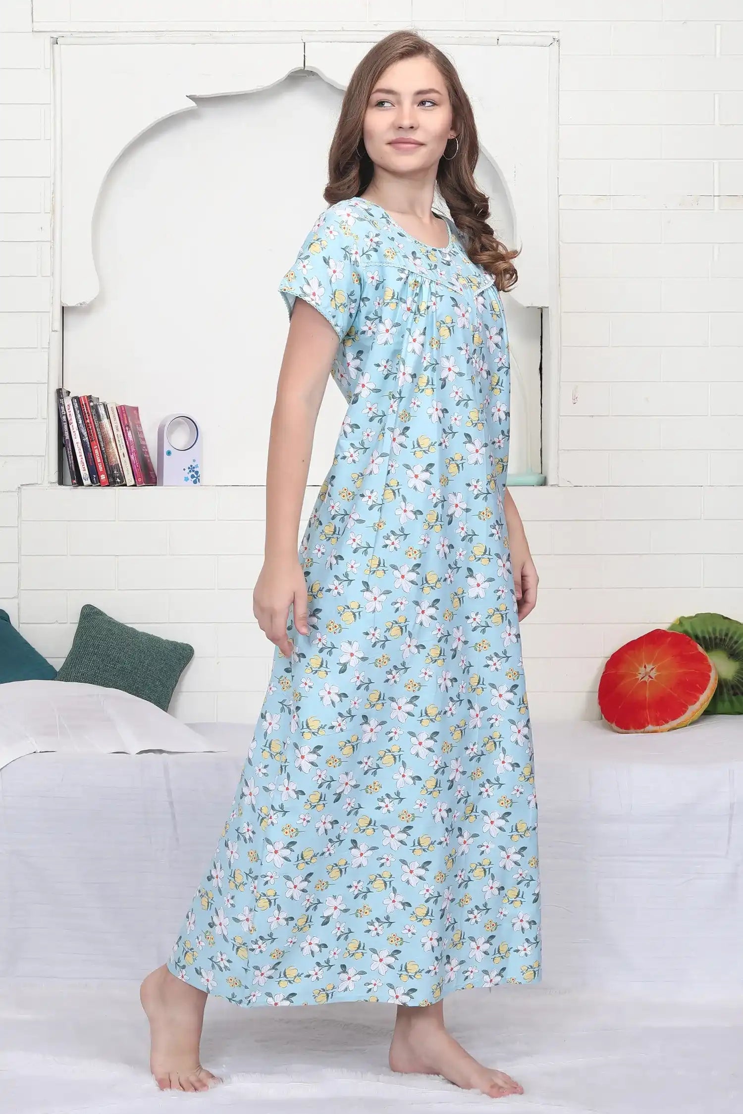 Velure Blue Floral Print Cotton Nighty