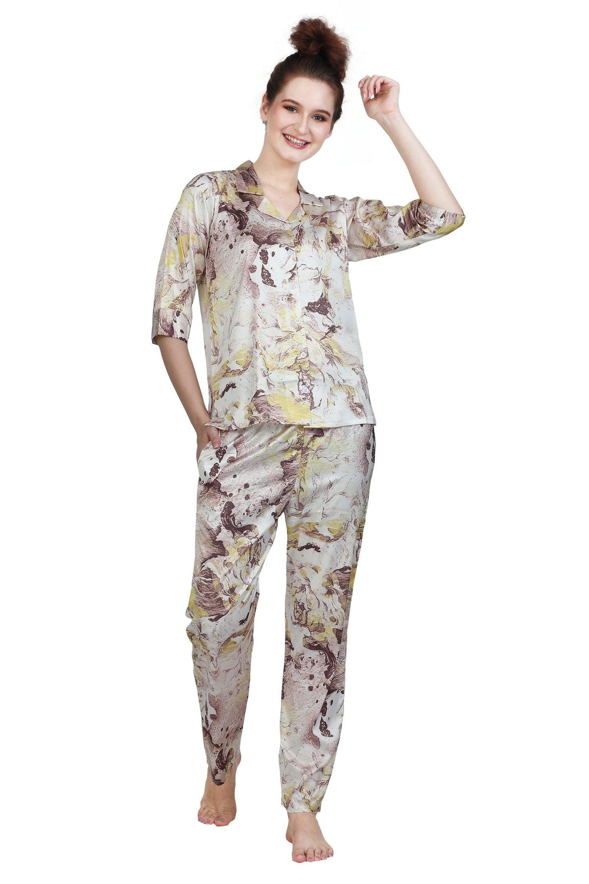 Velure Iconic Satin Print Night Suit - Velure - Shirt and Pant - Abstract Print, Collar Neck, Front Button Open, Full Length Pant, Printed, Satin