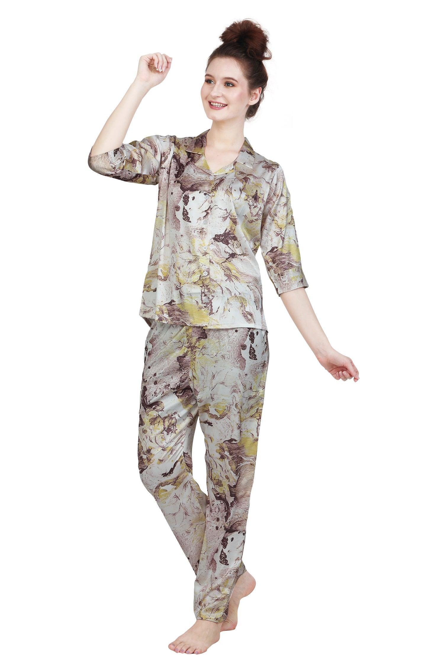 Velure Iconic Satin Print Night Suit - Velure - Shirt and Pant - Abstract Print, Collar Neck, Front Button Open, Full Length Pant, Printed, Satin