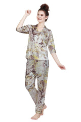 Velure Iconic Satin Print Night Suit - Velure - Shirt and Pant - Abstract Print, Collar Neck, Front Button Open, Full Length Pant, Printed, Satin