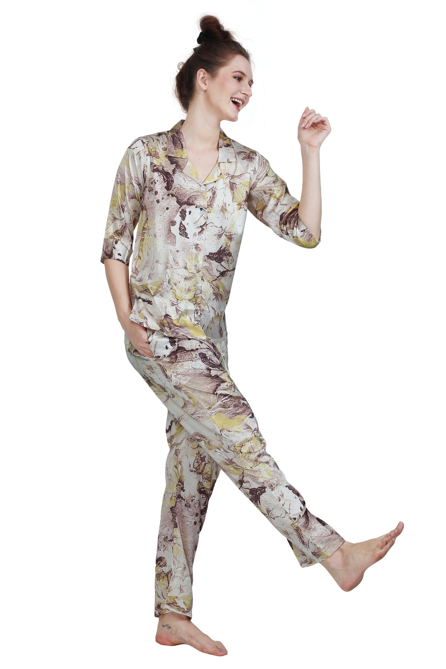 Velure Iconic Satin Print Night Suit - Velure - Shirt and Pant - Abstract Print, Collar Neck, Front Button Open, Full Length Pant, Printed, Satin