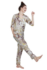 Velure Iconic Satin Print Night Suit - Velure - Shirt and Pant - Abstract Print, Collar Neck, Front Button Open, Full Length Pant, Printed, Satin