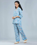 Velure Blossom Printed Satin Night Suit for women - Velure - Shirt and Pant - 3/4 Sleeves, Collar Neck, Floral Print, Front Button Open, Full Length Pant, Satin
