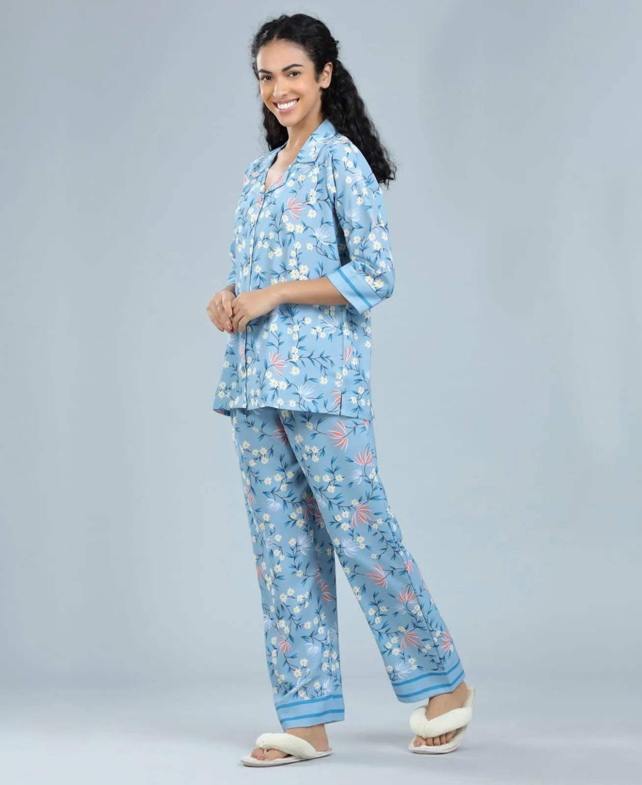 Velure Blossom Printed Satin Night Suit for women - Velure - Shirt and Pant - 3/4 Sleeves, Collar Neck, Floral Print, Front Button Open, Full Length Pant, Satin