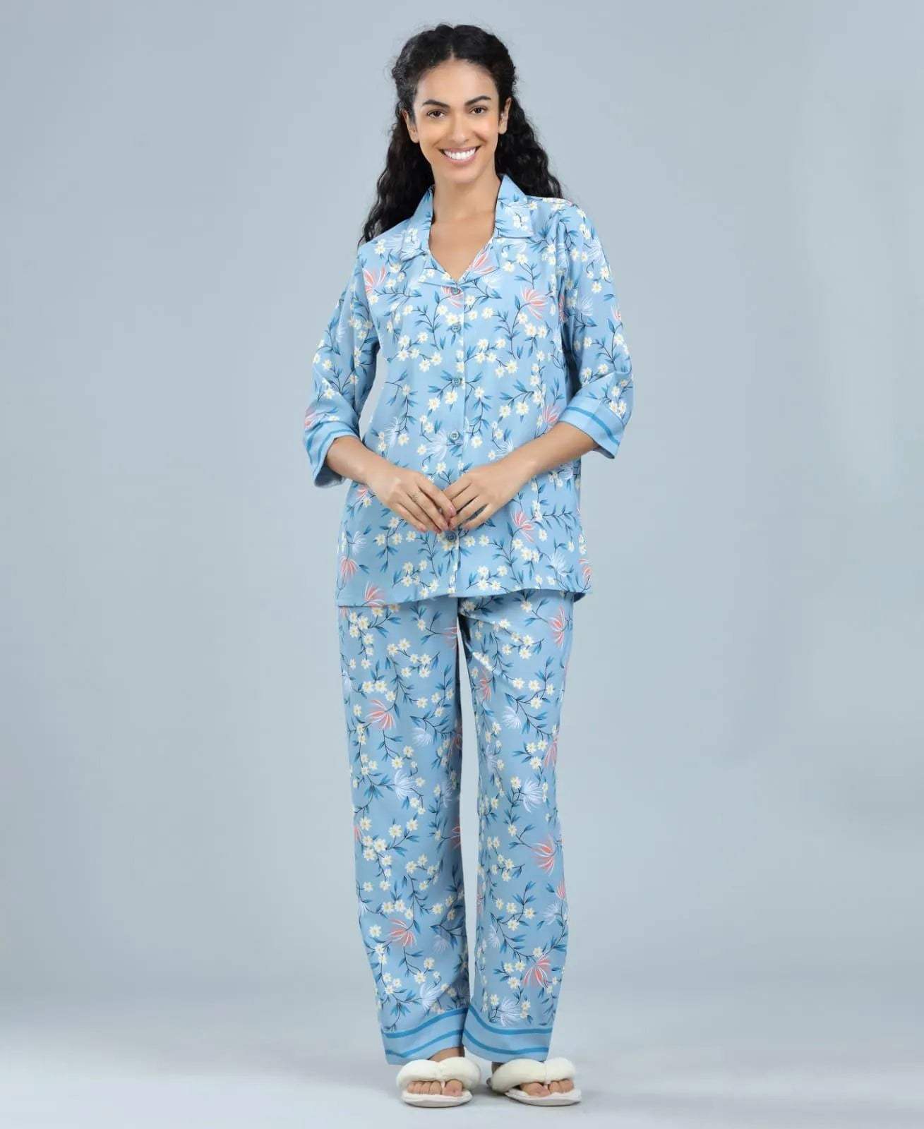 Velure Blossom Printed Satin Night Suit for women - Velure - Shirt and Pant - 3/4 Sleeves, Collar Neck, Floral Print, Front Button Open, Full Length Pant, Satin
