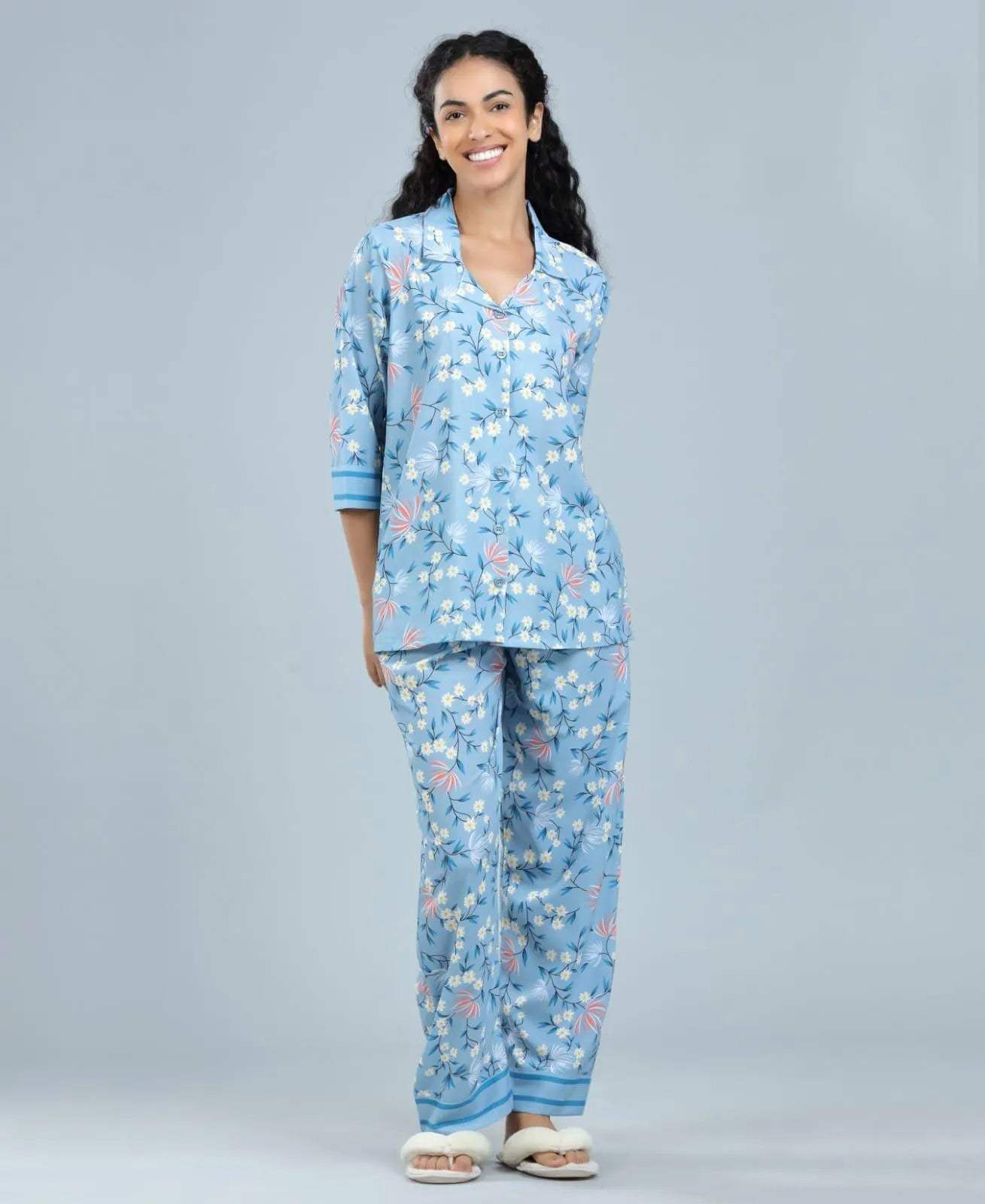 Velure Blossom Printed Satin Night Suit for women - Velure - Shirt and Pant - 3/4 Sleeves, Collar Neck, Floral Print, Front Button Open, Full Length Pant, Satin