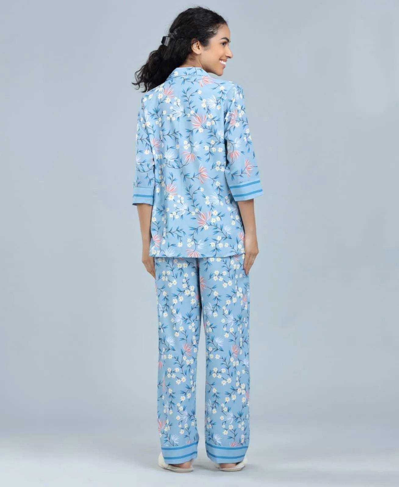 Velure Blossom Printed Satin Night Suit for women - Velure - Shirt and Pant - 3/4 Sleeves, Collar Neck, Floral Print, Front Button Open, Full Length Pant, Satin