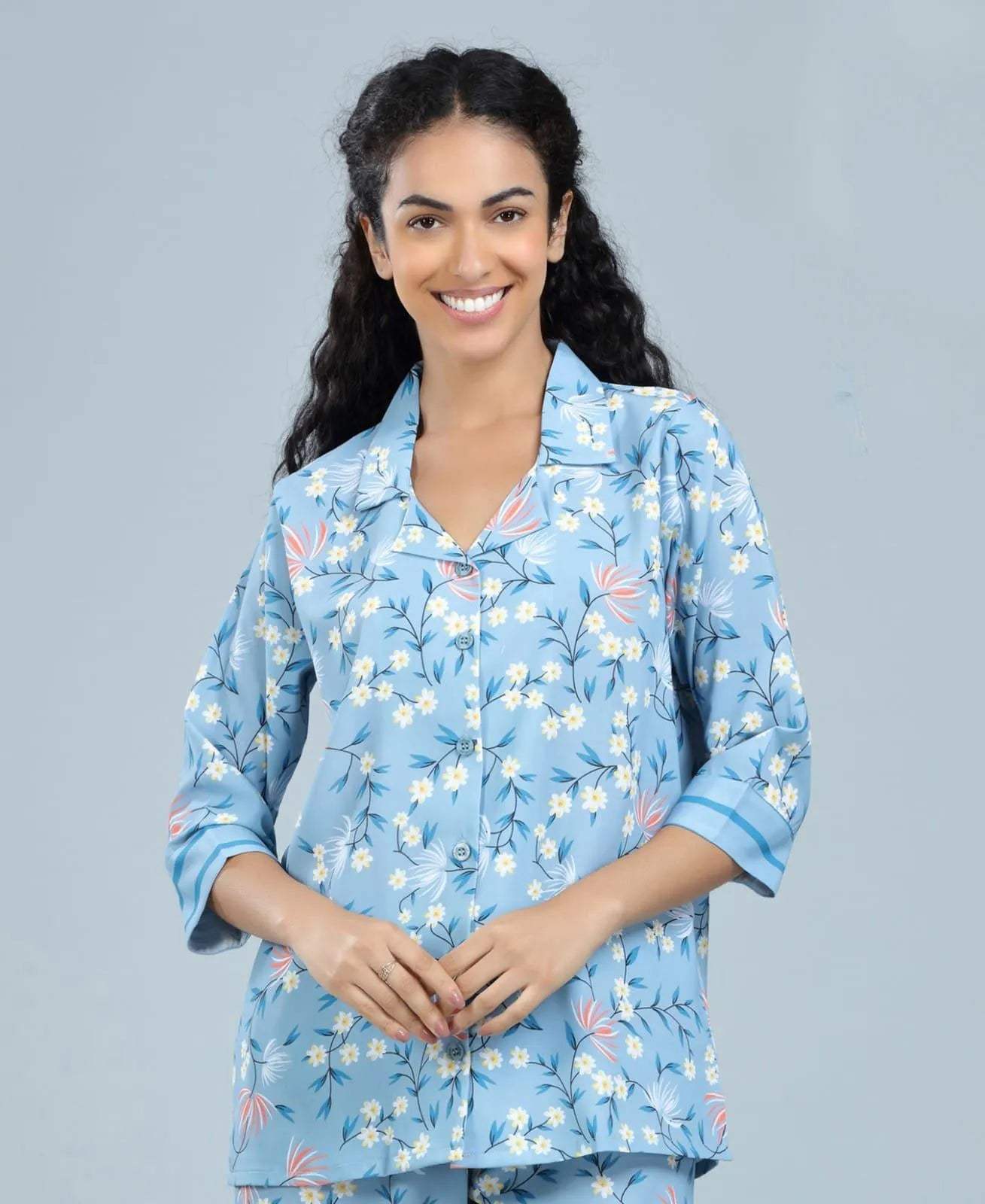 Velure Blossom Printed Satin Night Suit for women - Velure - Shirt and Pant - 3/4 Sleeves, Collar Neck, Floral Print, Front Button Open, Full Length Pant, Satin