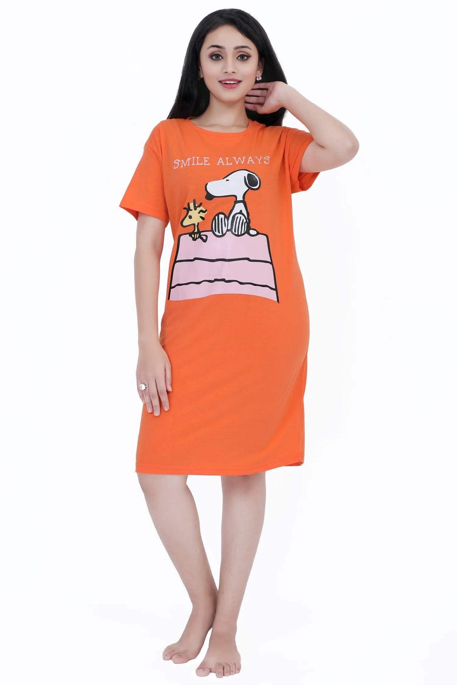 Velure Snoopy Dog Short Nighty - Velure - Short Nighty - Cotton, Half Sleeves, Knee Length, Printed, Round neck