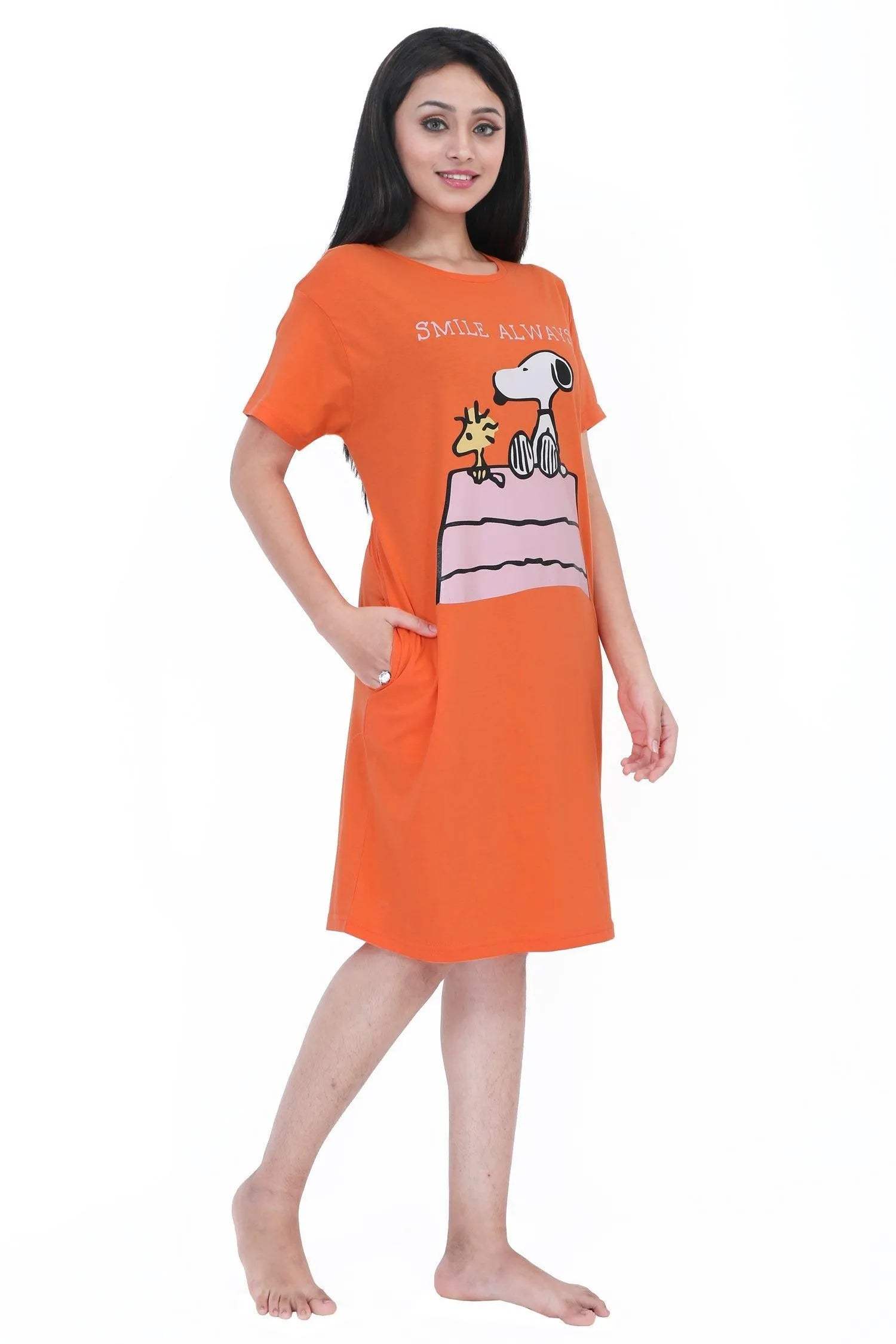 Velure Snoopy Dog Short Nighty - Velure - Short Nighty - Cotton, Half Sleeves, Knee Length, Printed, Round neck