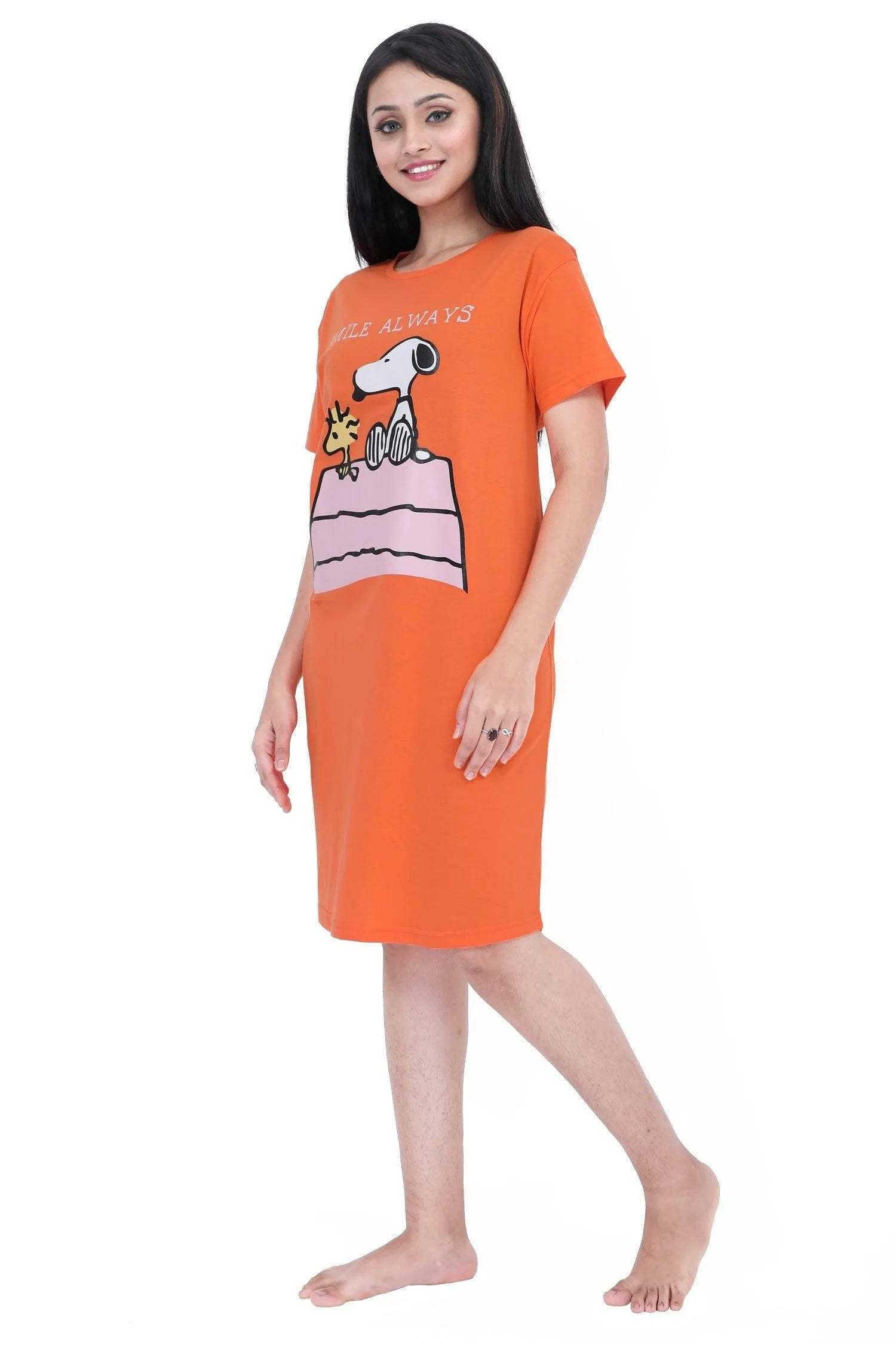Velure Snoopy Dog Short Nighty - Velure - Short Nighty - Cotton, Half Sleeves, Knee Length, Printed, Round neck