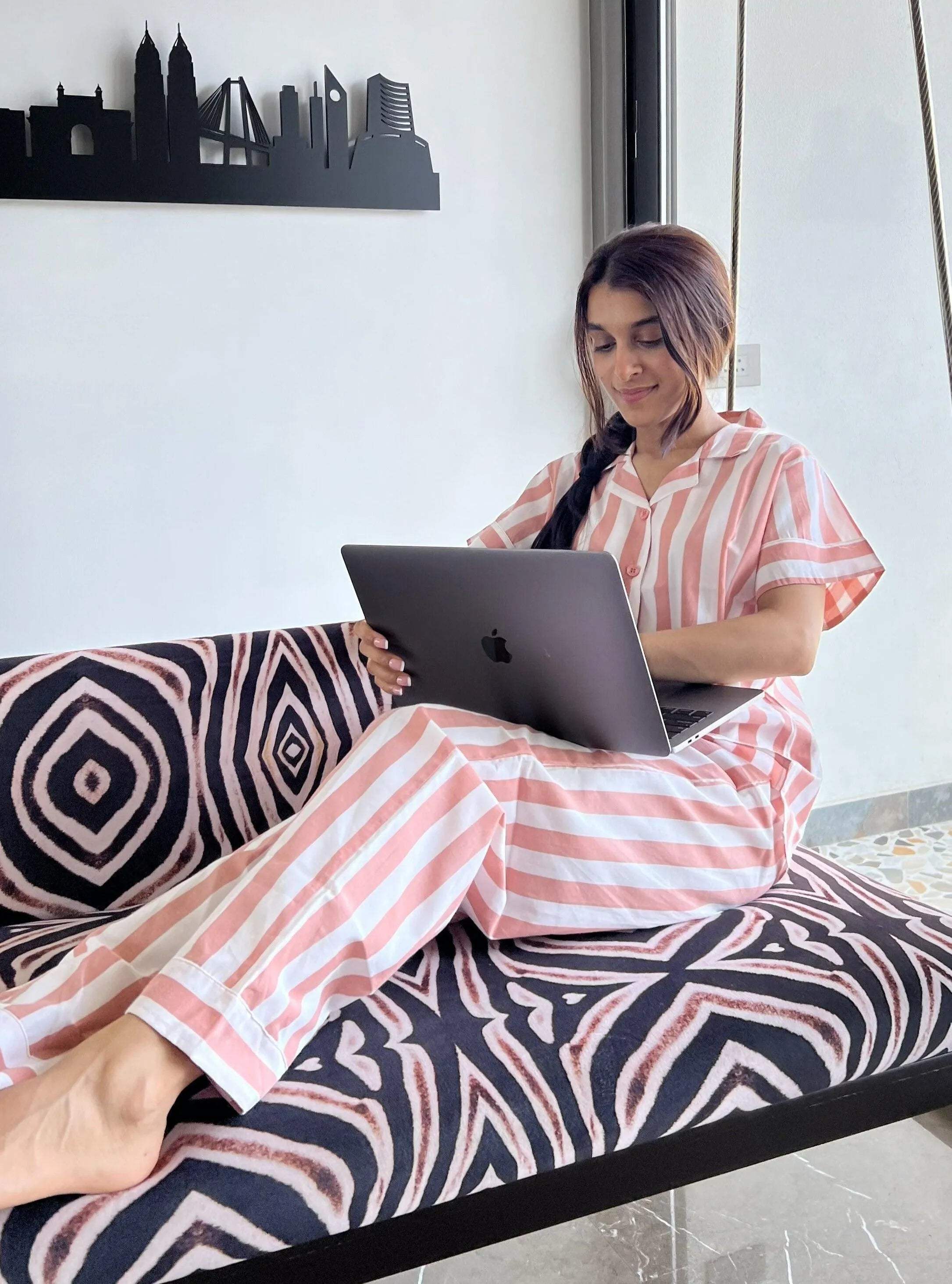 Velure Stripe Co-ord Set for her - Velure - Shirt and Pant - Collar Neck, Front Button Open, Full Length Pant, Half Sleeves, Stripes