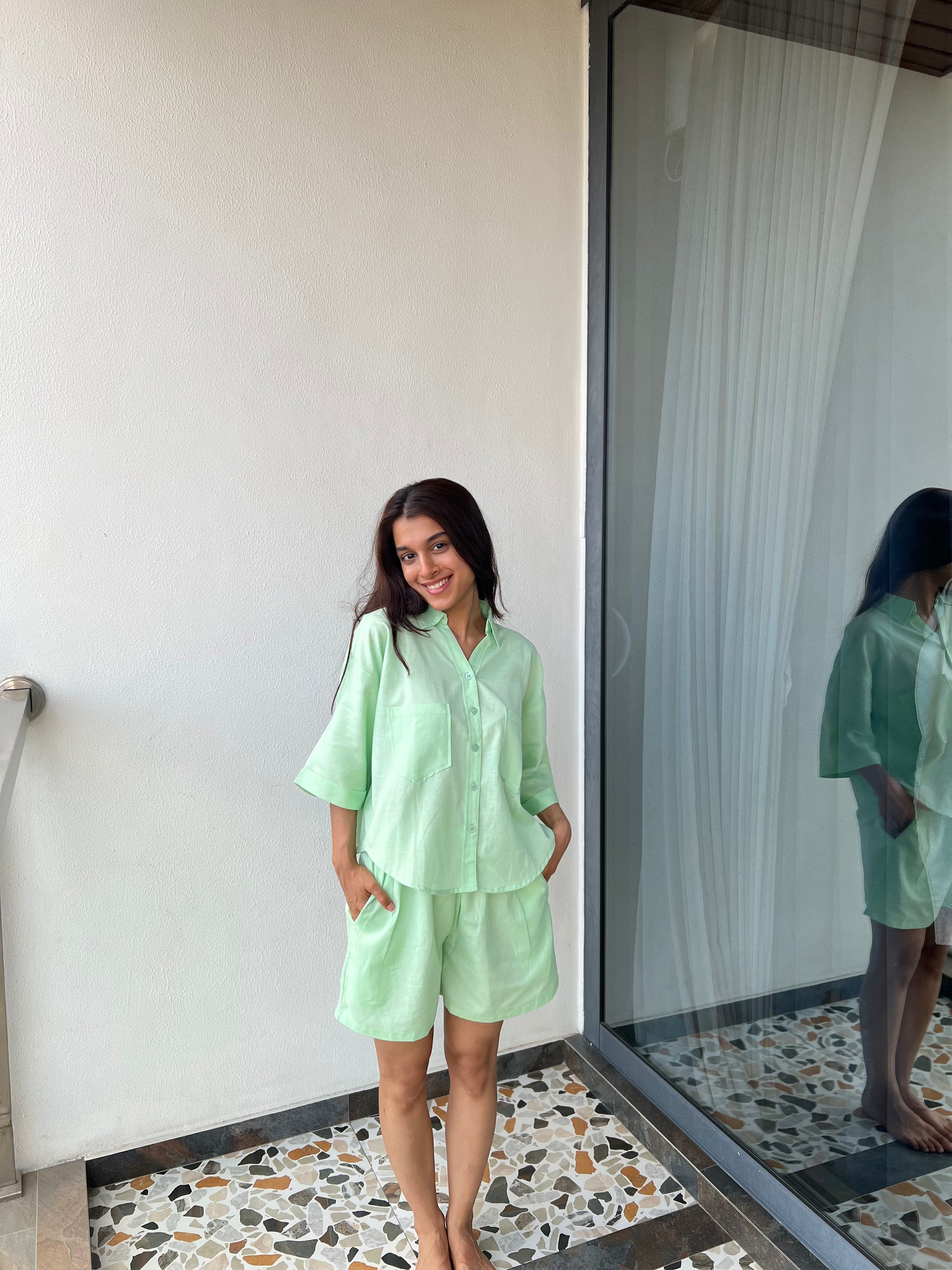Velure Solid Casual Green Shorts - Velure - - Collar Neck, Half Sleeves, Linen, Oversized fit, Shorts