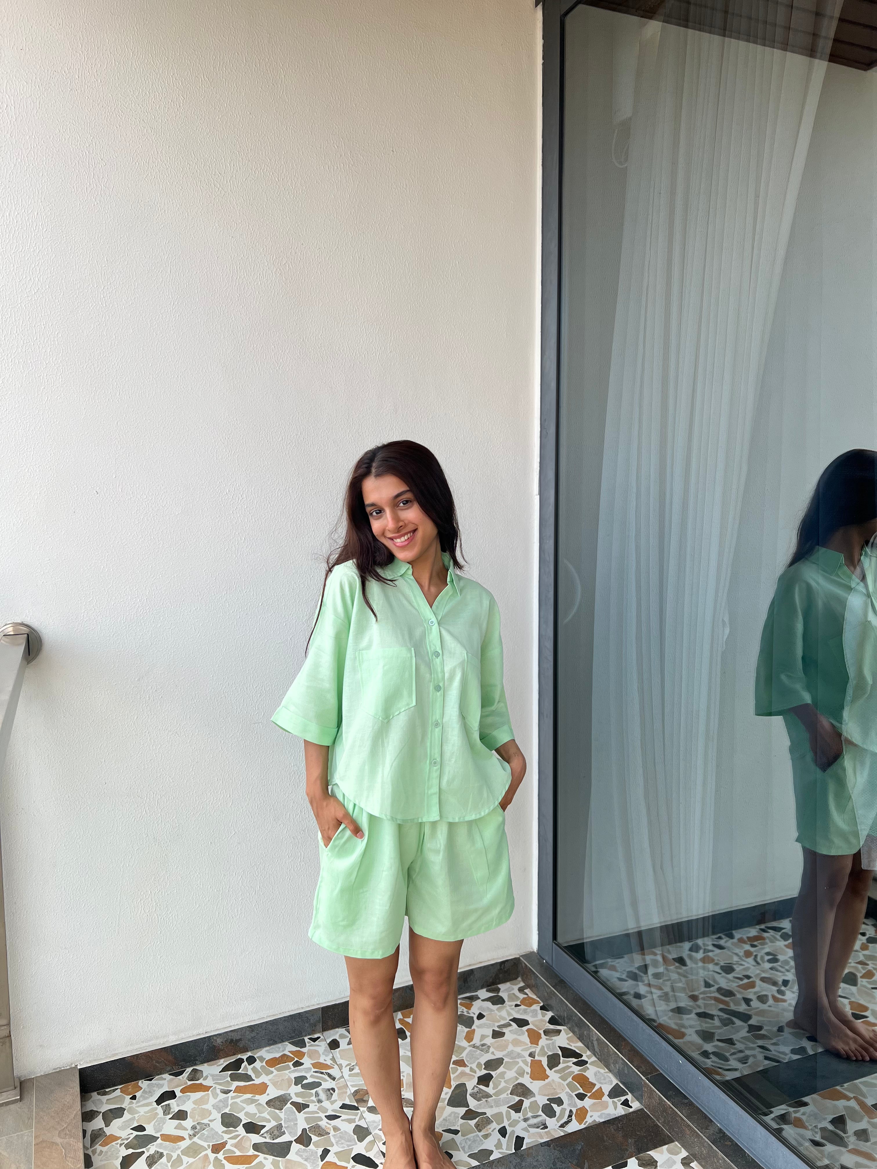 Velure Solid Casual Green Shorts - Velure - - Collar Neck, Half Sleeves, Linen, Oversized fit, Shorts