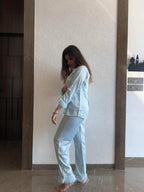 Velure Refreshing Fur Satin Night Suit - Velure - - Collar Neck, Detail-plainfur, Front Button Open, Full Length Pant, Full Sleeves, Fur, Satin